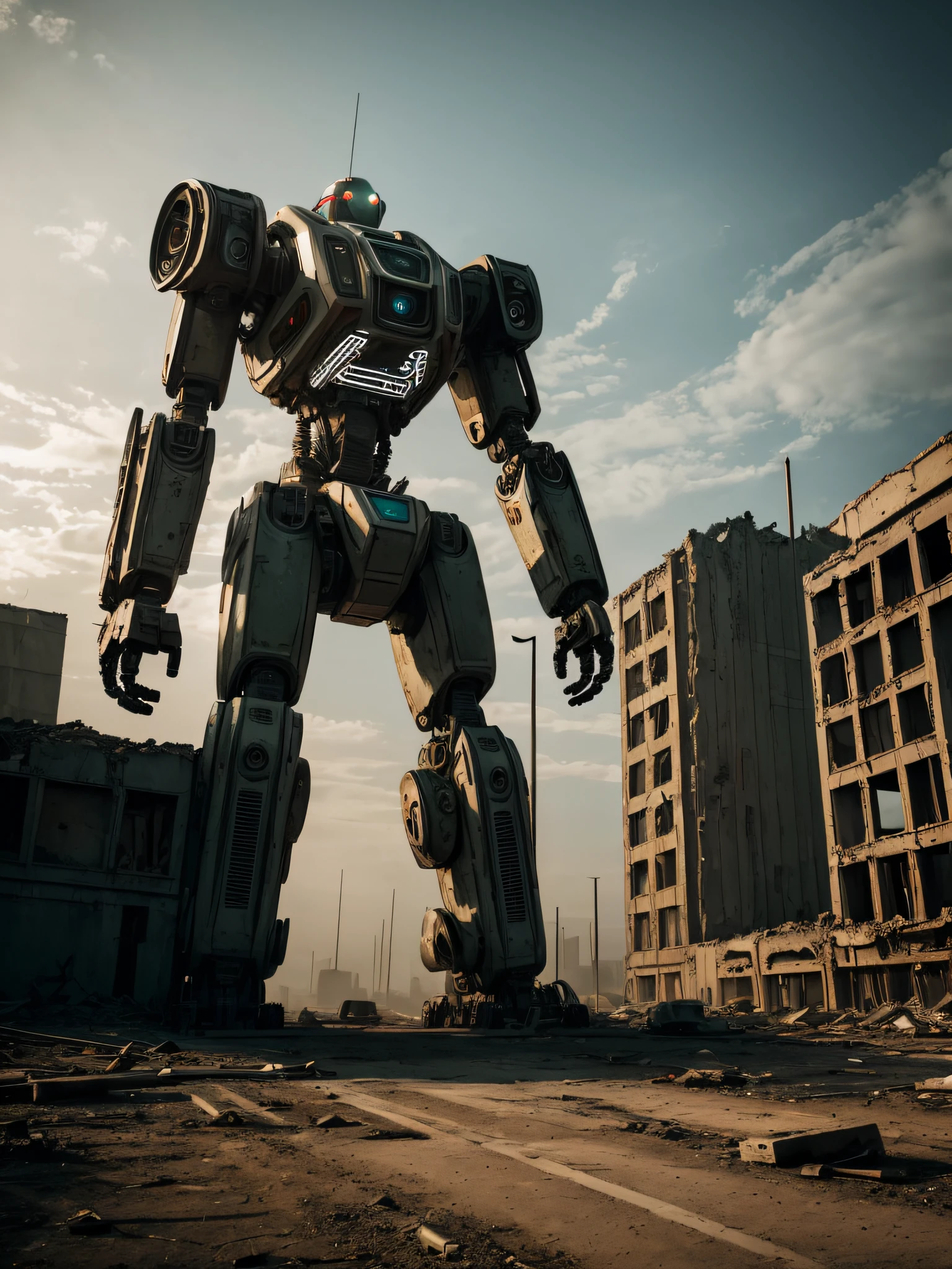 Capture the eerie and desolate atmosphere of a post-apocalyptic city with the image of a robot equipped with advanced artificial intelligence. Using the Nikon D850 and the Nikkor 24-70mm f/2.8E ED VR lens, position yourself to showcase the decaying urban landscape in the background, emphasizing the sense of destruction and abandonment. Frame the robot in a way that highlights its mechanical features and futuristic design, giving it a powerful and enigmatic presence. Experiment with lighting to create dramatic shadows and contrasts, further enhancing the haunting atmosphere. This image portrays the juxtaposition of advanced technology against a backdrop of desolation, offering a glimpse into a future world where machines roam amidst the ruins of civilization.