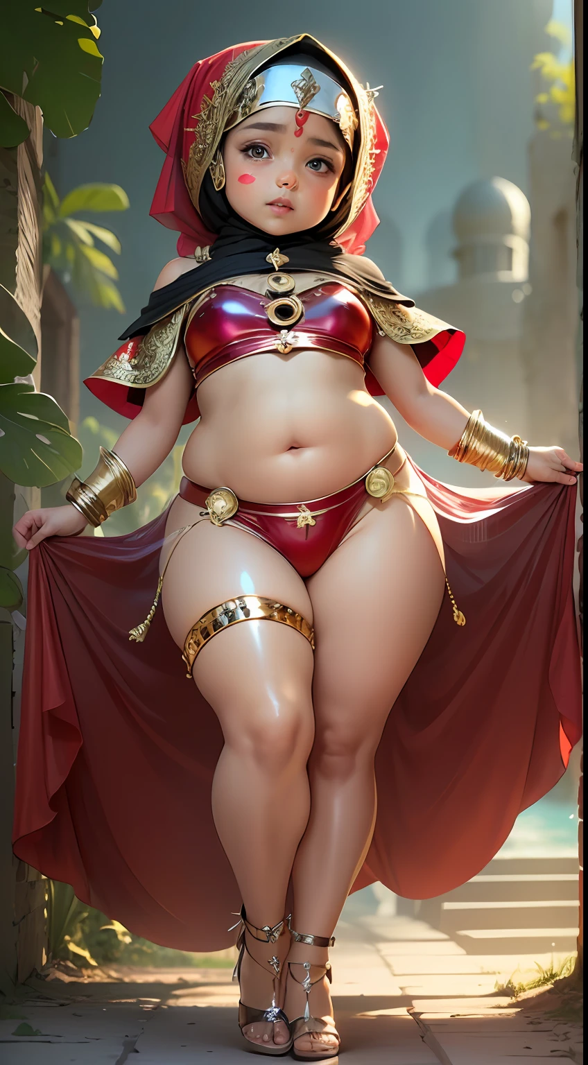 (:1.7), (arabian girl:1.2) perfect face, (chubby:1.5) child in (saree) perfect full HDR body exposed midriff highleg loli flat c curvy indian armpits bellydancer 8k high res knees ankles , royal skimpy underwear, (shiny skin:1.5) (full body shot) (high heels) (armpits:1.3) (outdoor) (red theme:1.8) (masterpiece, 4k ,ultra detailed:1.2) (hijab:1.2) (dungeon:1.4) she has a jiggly fat round belly (petite:1.4)