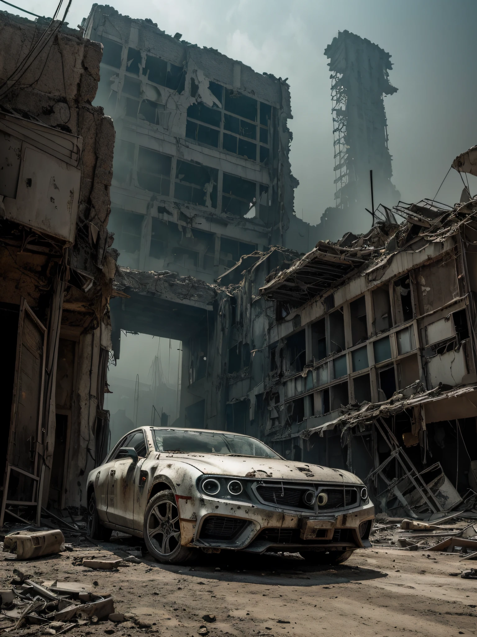 Capture the eerie and desolate atmosphere of a post-apocalyptic city with the image of a robot equipped with advanced artificial intelligence. Using the Nikon D850 and the Nikkor 24-70mm f/2.8E ED VR lens, position yourself to showcase the decaying urban landscape in the background, emphasizing the sense of destruction and abandonment. Frame the robot in a way that highlights its mechanical features and futuristic design, giving it a powerful and enigmatic presence. Experiment with lighting to create dramatic shadows and contrasts, further enhancing the haunting atmosphere. This image portrays the juxtaposition of advanced technology against a backdrop of desolation, offering a glimpse into a future world where machines roam amidst the ruins of civilization.