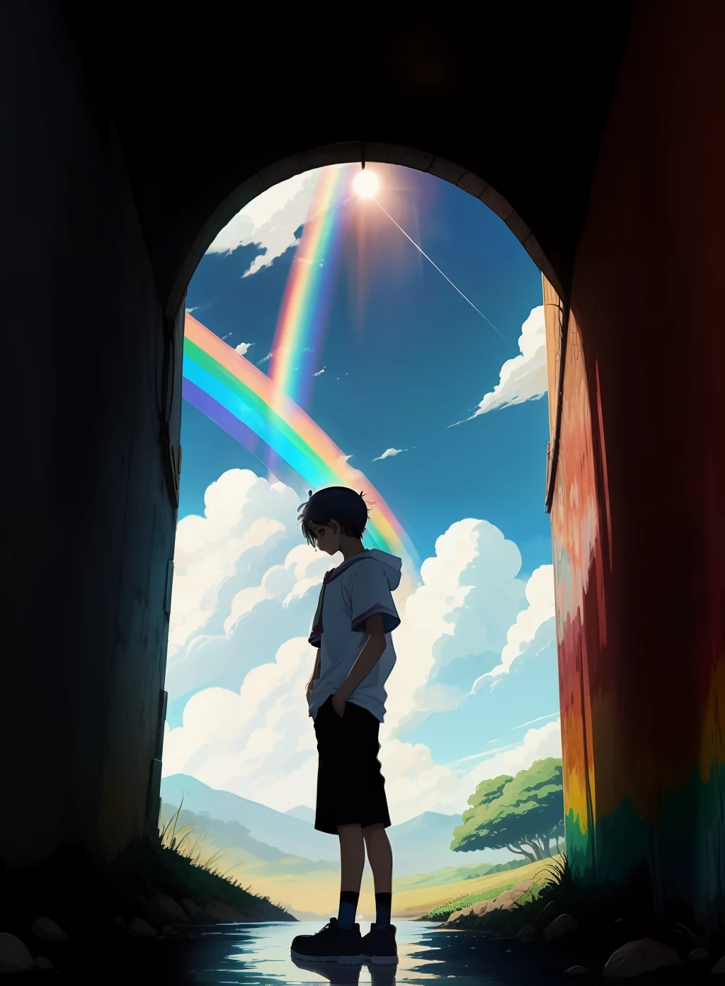 Anime, colorido, obra de arte, HD, menino sozinho, standingn, Looking at a rainbow, pele escura, cabelo curto, adolescente, roupa colorida, meio da rua