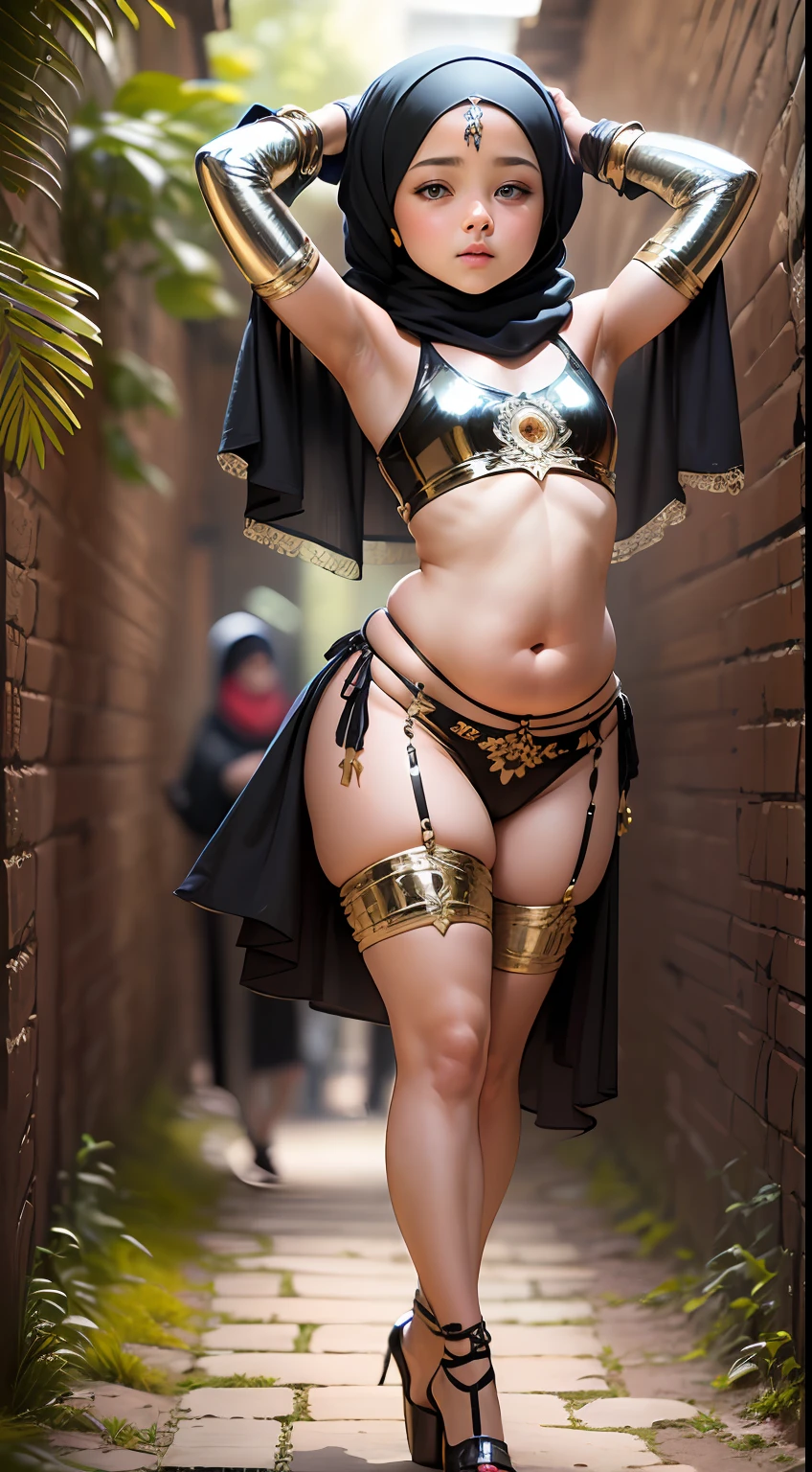 (:1.7), (arabian girl:1.2) perfect face, (chubby:1.5) child in (saree) perfect full HDR body exposed midriff highleg loli flat c curvy indian armpits bellydancer 8k high res knees ankles , royal skimpy underwear, (shiny skin:1.5) (full body shot) (high heels) (armpits:1.3) (outdoor) (marron theme:1.8) (masterpiece, 4k ,ultra detailed:1.2) (hijab:1.2) (dungeon:1.4) she has a jiggly fat round belly (petite:1.4)