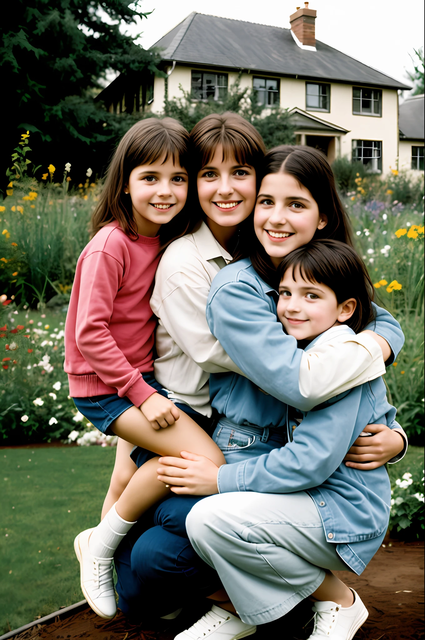 Photos from the 80s: a woman hugging her 4-year-old and 3-year-old children holding them in her lap in the garden of her house