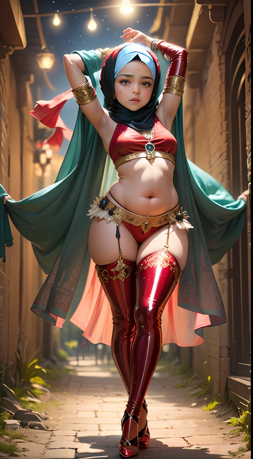 (:1.7), (arabian girl:1.2) perfect face, (chubby:1.5) child in (saree) perfect full HDR body exposed midriff highleg loli flat c curvy indian armpits bellydancer 8k high res knees ankles , royal skimpy underwear, (shiny skin:1.5) (full body shot) (high heels) (armpits:1.3) (outdoor) (red theme:1.8) (masterpiece, 4k ,ultra detailed:1.2) (hijab:1.2) (dungeon:1.4) she has a jiggly fat round belly (petite:1.4) (night:1.5)