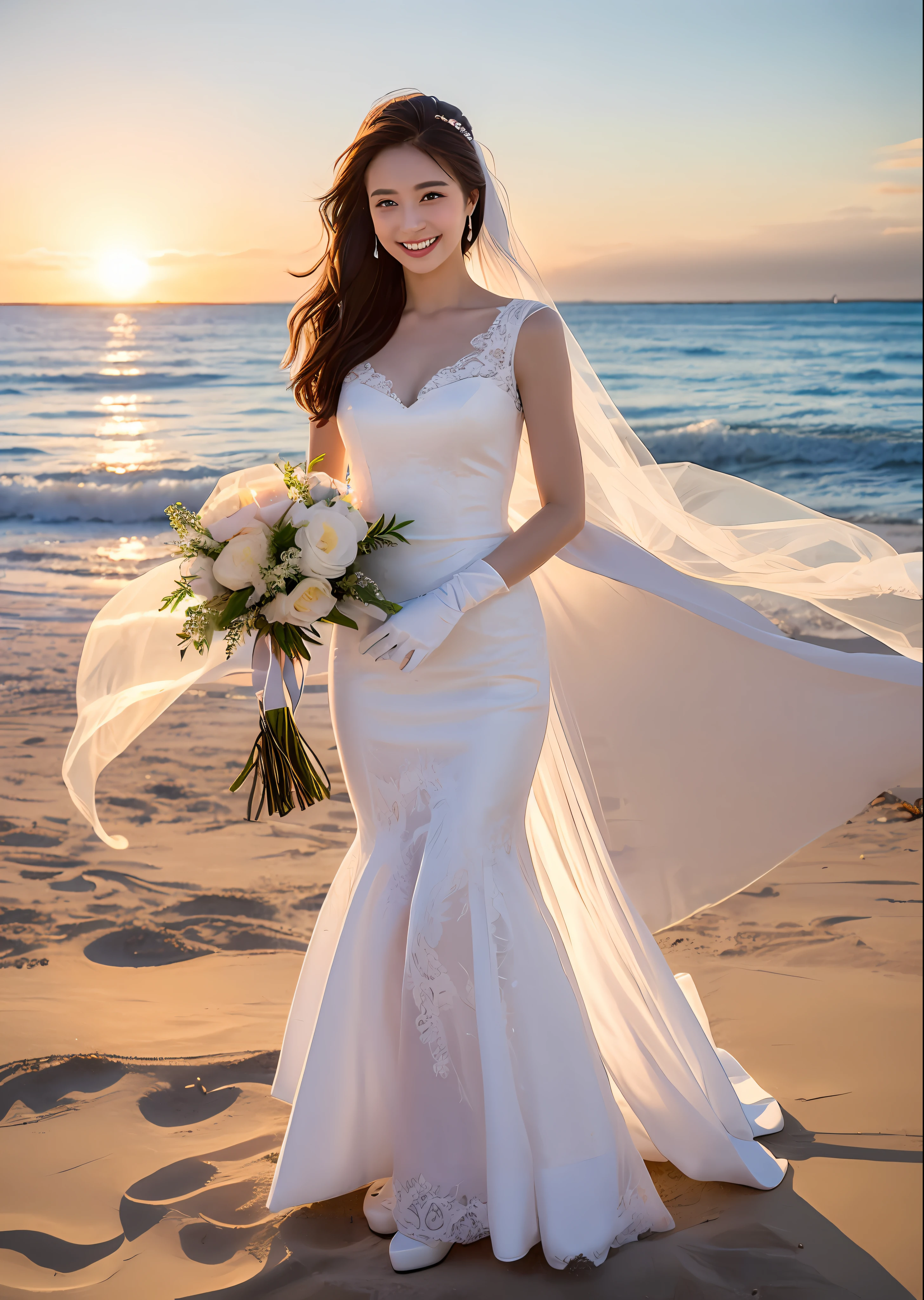 ((top-quality、masterpiece:1.3)), fullllbody, long legged, foco nítido:1.2, Cute woman with perfect body shape smiling face:1.4, Slender Abs:1.1, ((dark brown hair、hugetits:1.2)), (White gorgeous lace long wedding dress、bouquet:1.4、White veil:1.4、White ultra-thin long gloves、White high heels、holding the bouquet with both hands、Standing alone), ((Beach at sunset:1.3)), Highly detailed facial and skin texture, A detailed eye, 二重まぶた、hugetits