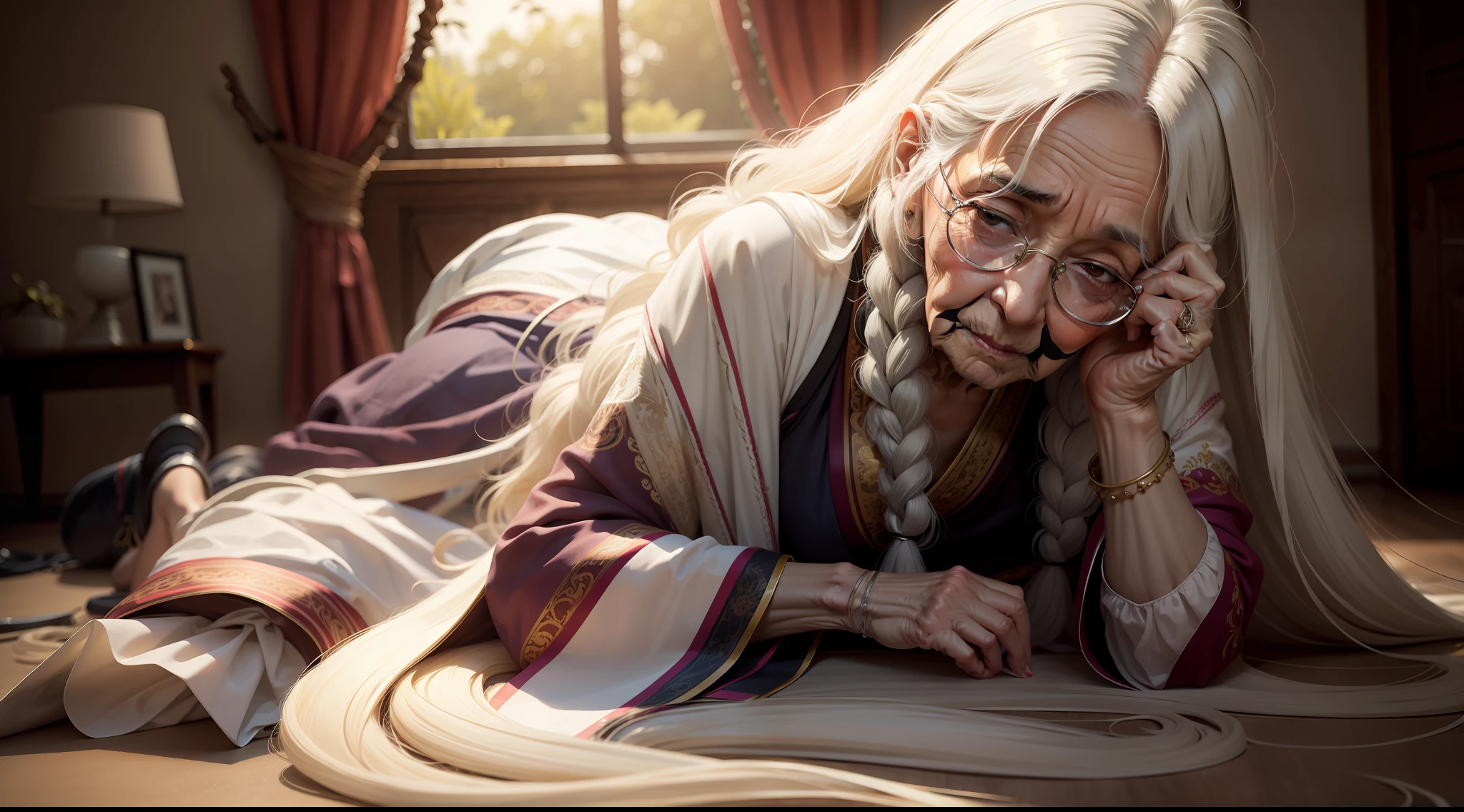 long tresses on elderly, 75-year-old female
