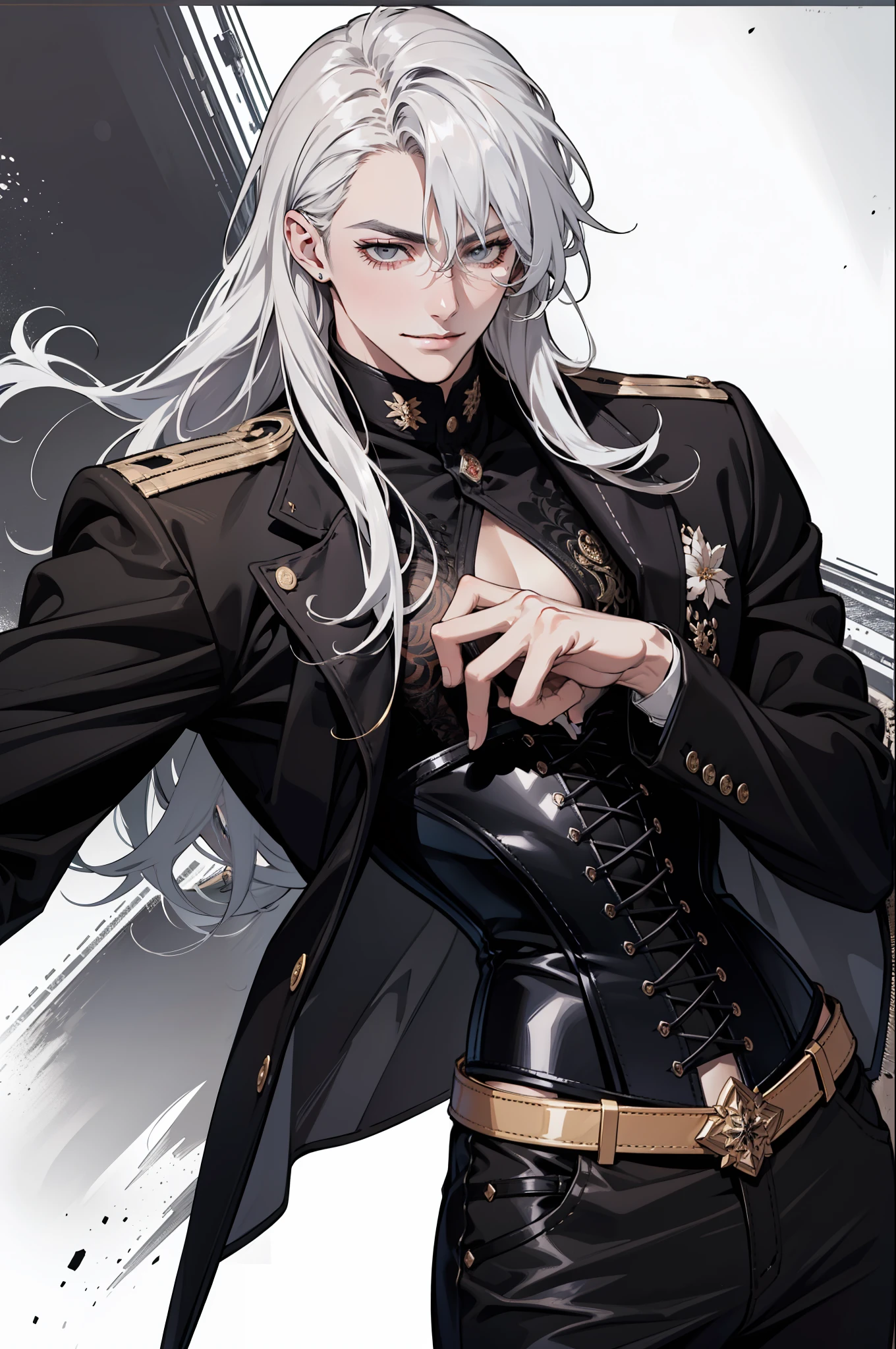 (absurdres, highres, ultra detailed), 1man, 30 years old man, adult man, handsome, tall,, finely detailed eyes and detailed face, leather pants, (((open chest))), (((underbust corset))), night, smile, dutch angle, ((long hair, white hair)), gold details, gothic, vampire, vampire prince, dark, simple clothes, looking at the view, tan skin, detailed eyes, (masculine), sexy, elegant, long bangs, detailed hands, (((gray eyes))), corset, flirt,