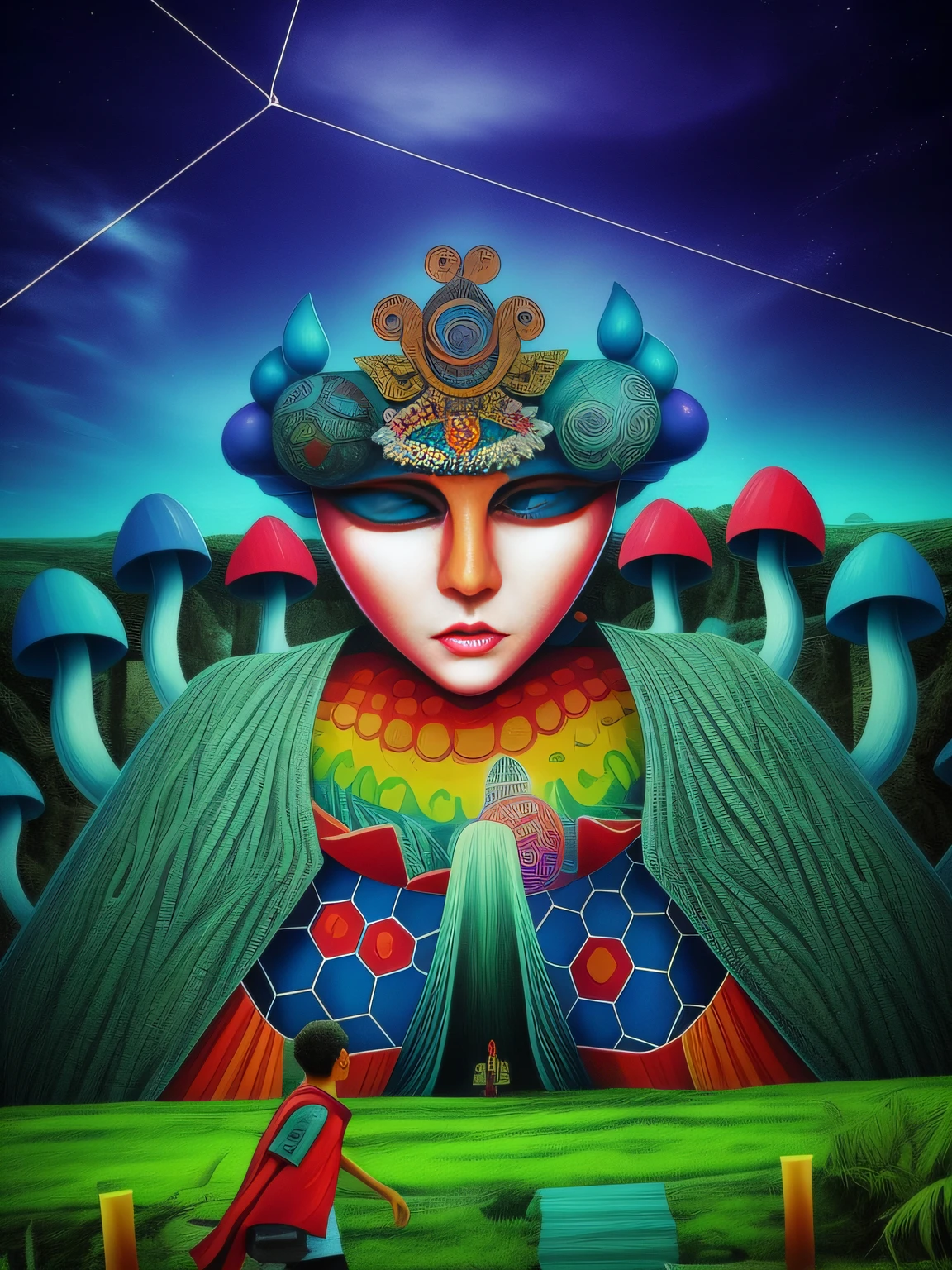 There's a man who's walking through a big mural, Colorful biomorphic temple, Templo DMT, uma divindade exausta, psytrance, abrindo o terceiro olho, psychedelic goddess, Psytrance e Giger, Futuristic psychedelic hippie, Nova Deli futurista bonita, Deusa DMT, dmt deus, terceiro olho, Surreal psychedelic design, Temple of God of the Head of the Mantis