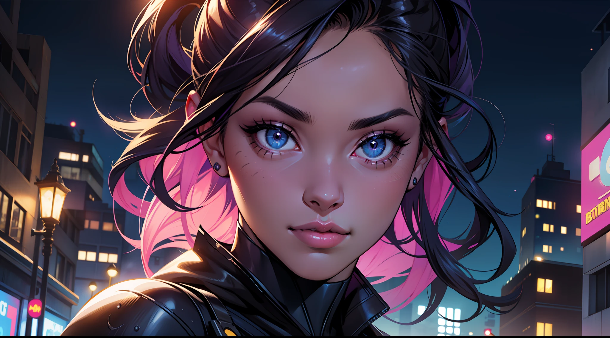 Batgirl moon light stars night street lights, digital painting, gorgeous face, beautiful realistic face, ultra realistic digital art, ultra-realistic digital art