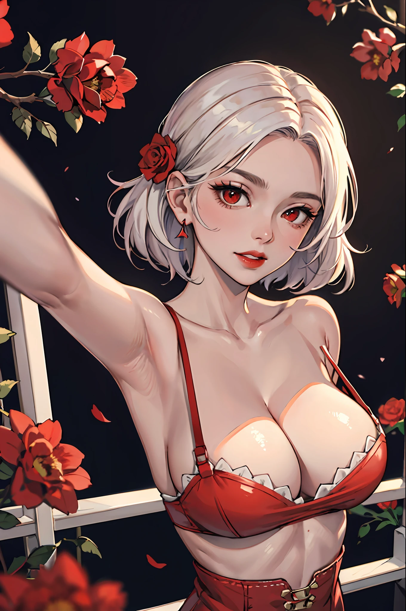 (masterpiece:1.2, best quality), 1milf, open clothes, (red flowers:1.3), white, b hair, red eyes, mature, big tits, sexy, upper body, closeup face, red lips, tube top, press breast, shoot from above, closeup face, red clothes, nsfw, rose cloth, lyin in rose, lyin, rose, two hand selfie, selfie