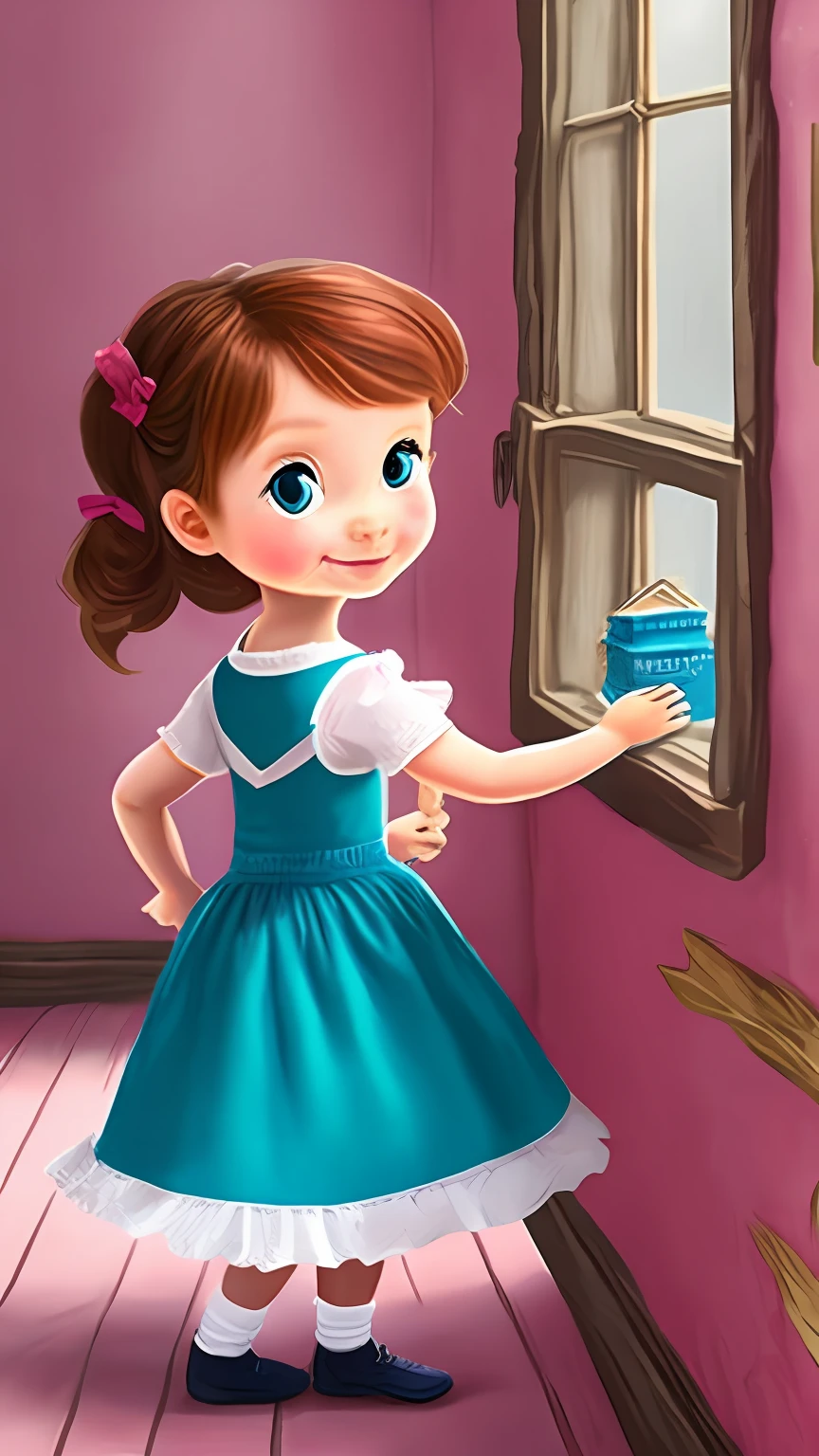 a named Alice, redhead, wearing a simple pink outfit and a 6-year-old boy named Pedro, dark-haired, wearing a simple blue outfit, looking at an ancient and mysterious dollhouse