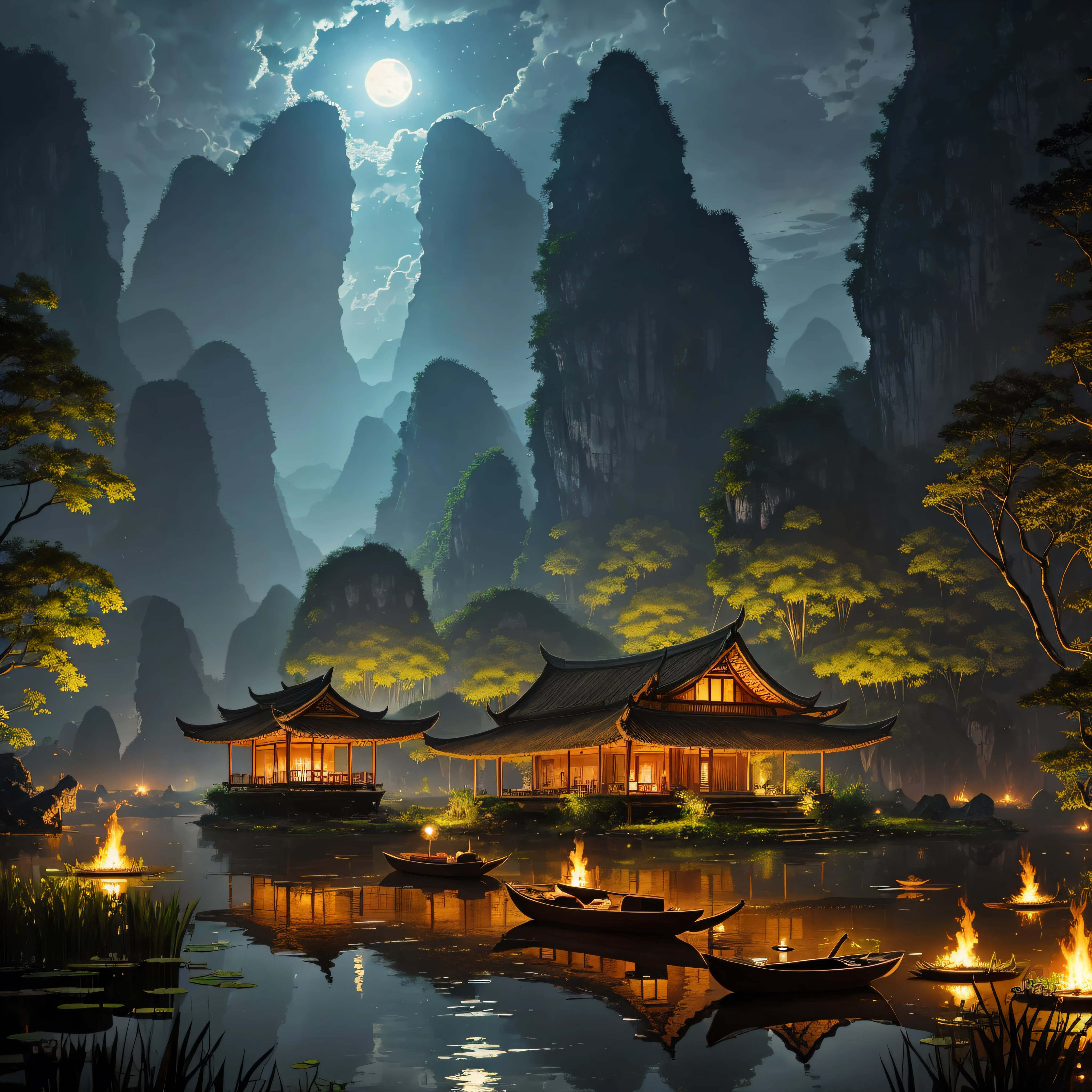 pond filed with lotus flowers, bamboo flame torches on the pondside, boats, Ninh Binh landscape, Vietnam, Tam Coc, Bich Dong, karst topography, centered, symmetry, painted, intricate, volumetric lighting, beautiful, rich deep colors masterpiece, sharp focus, ultra-detailed, in the style of dan mumford and marc simonetti, astrophotography, bright moonlight. --auto