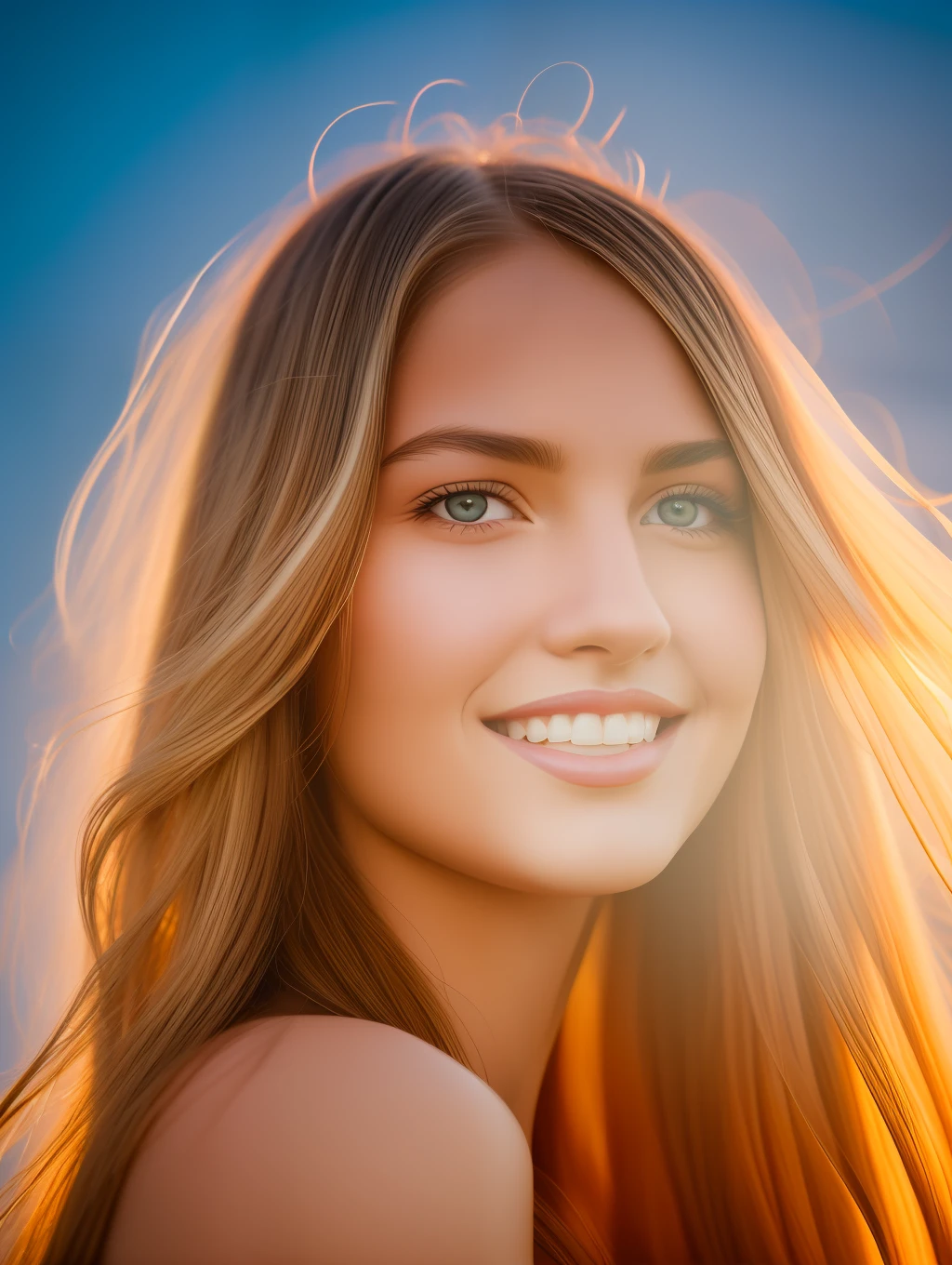 A realistic, insanely beautiful happy bohemian woman, long flowing windy hair, full length, highly detailed face, nature background at sunset, detailed body, highly detailed, soft colors, porcelain skin, elegant, golden ratio, blonde hair, long flowing windy hair, extremely beautiful detailed eyes, bright colors, rainbow hair, giving a sense of isolation and introspection, backlighting, hasselblad helios 44-2 58mm F2