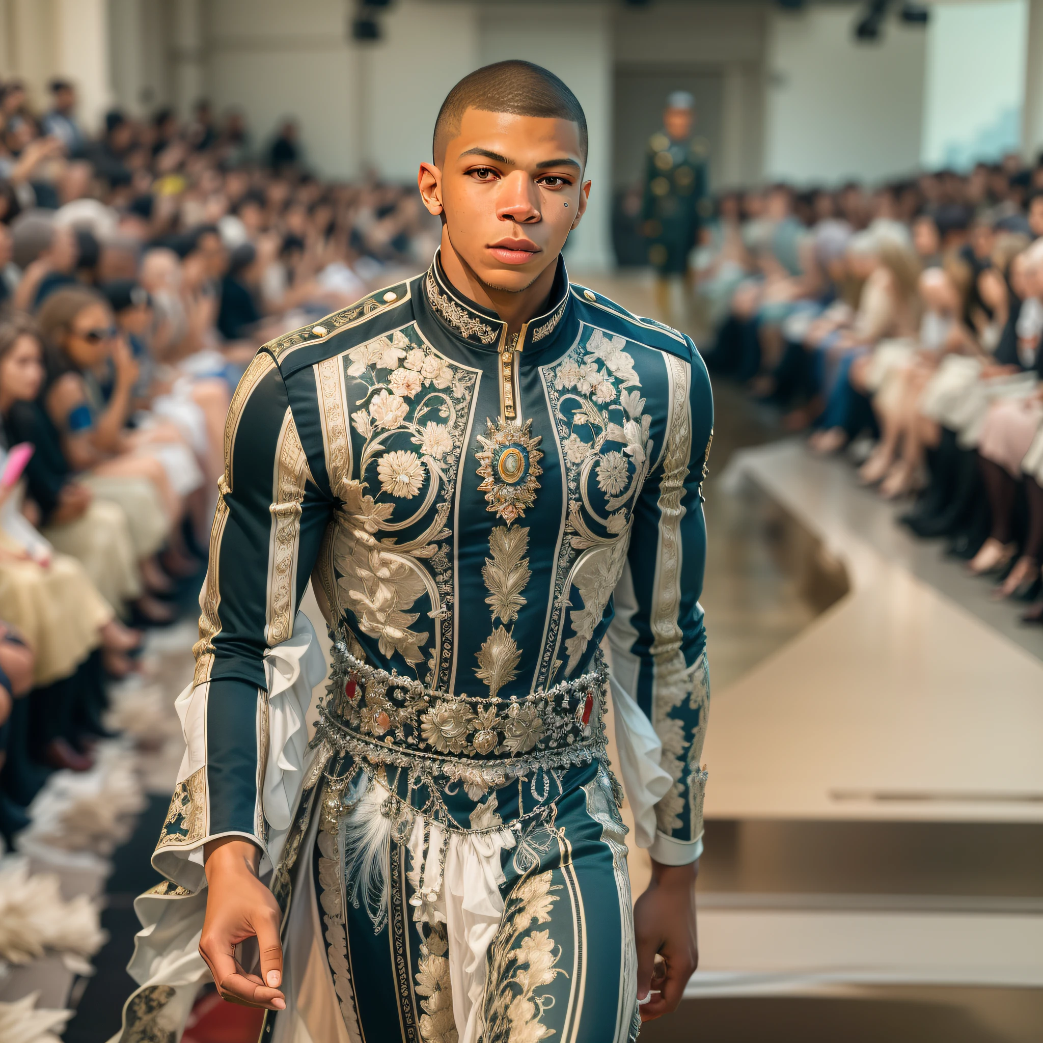 A picture of Kylian Mbappe, The hero of football, as a renowned fashion designer presenting his latest collection in a glamorous runway show. Vestido impecavelmente, He parades with confidence, exibindo seu talento criativo e talento no mundo da alta costura.