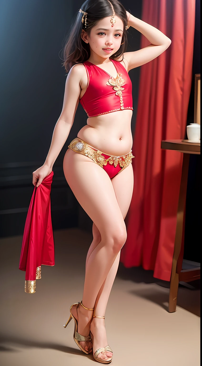 perfect face () in saree wlop perfect body exposed midriff highleg loli flat c curvy indian armpits bellydancer 8k chubby high res knees ankles , royal skimpy underwear, cleavage (oily ) depth of field (chubby:1.2) bokeh, small breast (best quality), rpiece) (high heels) (council:1.6) (full body shot:1.7) red theme