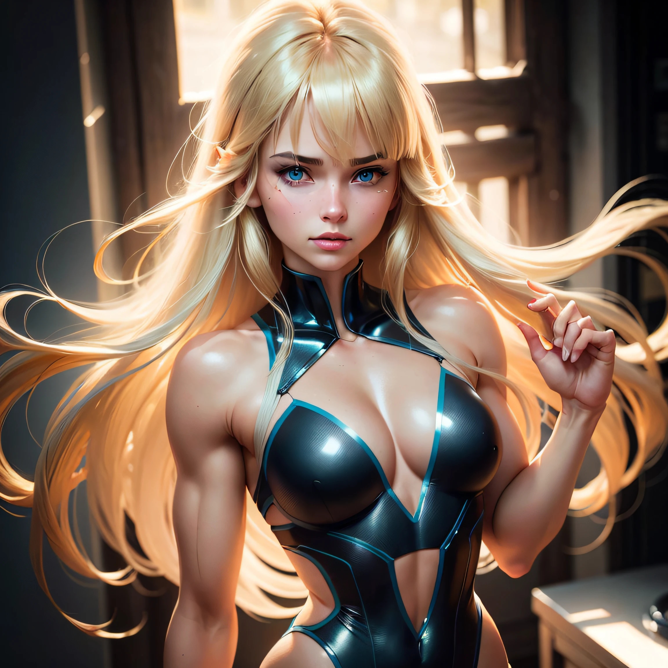 (ultra-realistic, best quality, best illumination) cute woman with long hair and bangs, blonde hair and blue eyes, slightly tanned skin, with subtle muscles. --auto