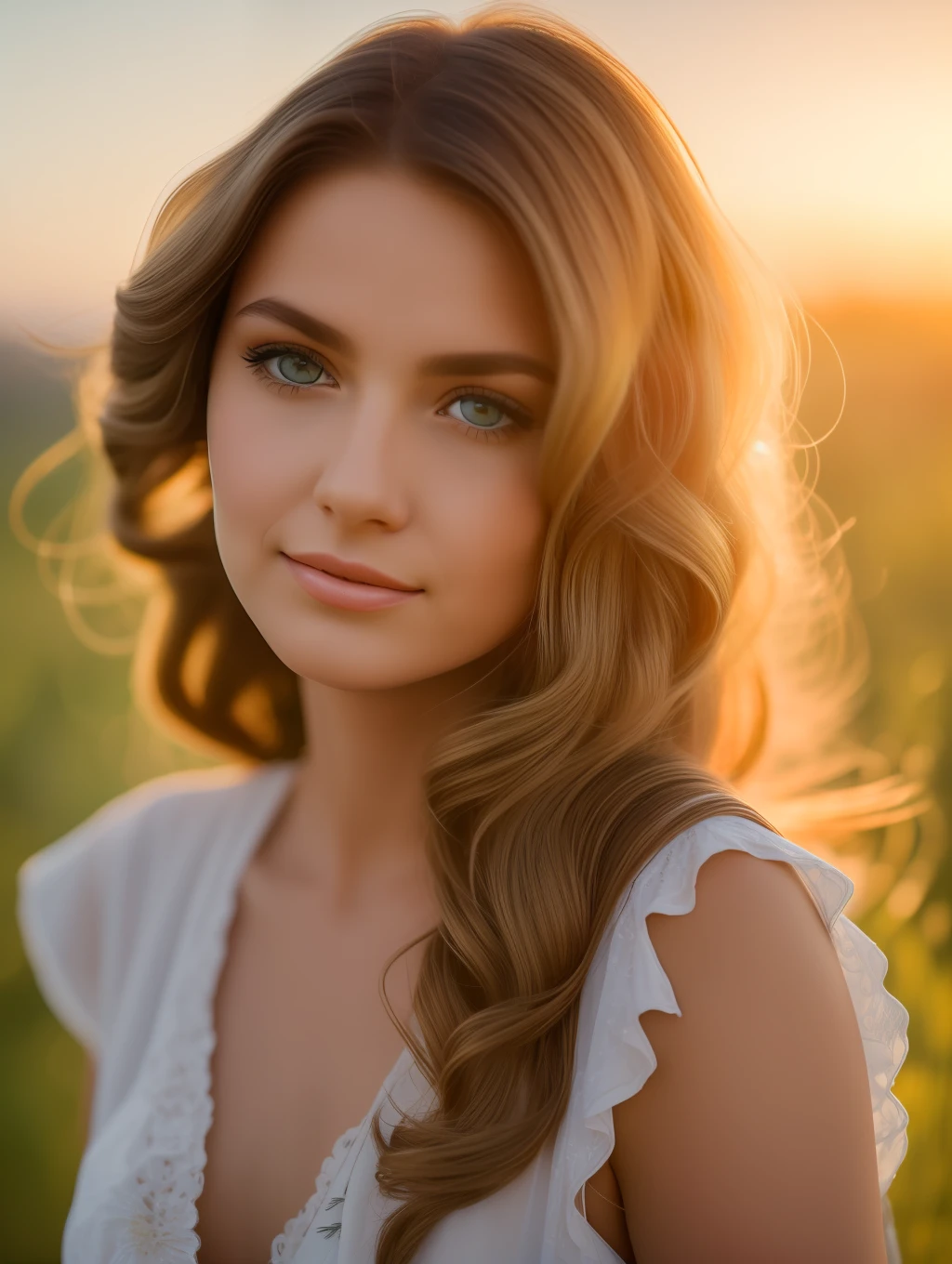 A realistic, insanely beautiful happy bohemian woman, long flowing windy hair, full length, highly detailed face, nature background at sunset, detailed body, highly detailed, soft colors, porcelain skin, elegant, golden ratio, blonde hair, long flowing windy hair, extremely beautiful detailed eyes, bright colors, rainbow hair, giving a sense of isolation and introspection, backlighting, hasselblad helios 44-2 58mm F2
