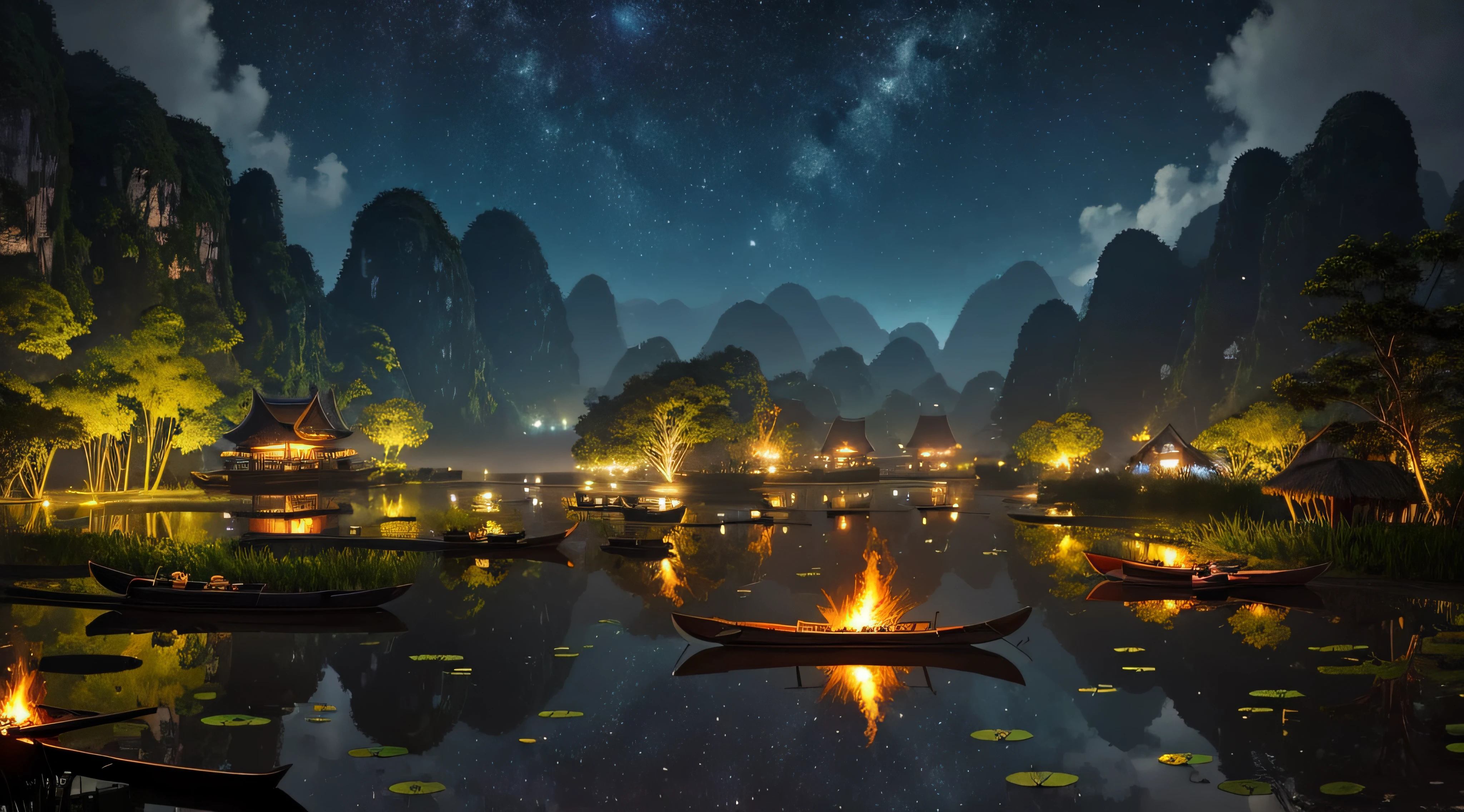 pond filed with lotus flowers, bamboo flame torches on the pondside, boats, Ninh Binh landscape, Vietnam, Tam Coc, Bich Dong, karst topography, centered, symmetry, painted, intricate, volumetric lighting, beautiful, rich deep colors masterpiece, sharp focus, ultra-detailed, in the style of dan mumford and marc simonetti, astrophotography, bright moonlight. --auto