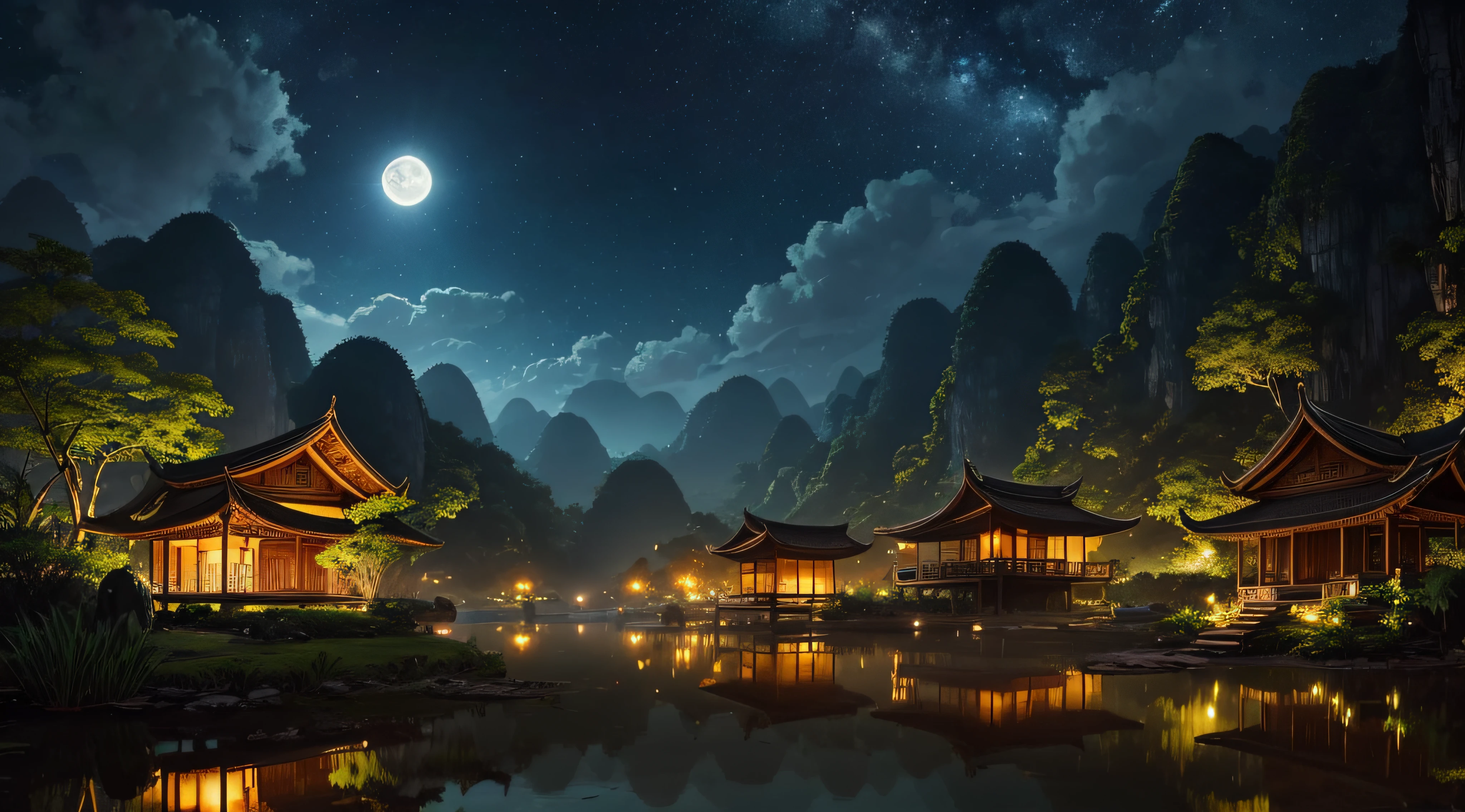 pond filed with lotus flowers, bamboo flame torches on the pondside, boats, Ninh Binh landscape, Vietnam, Tam Coc, Bich Dong, karst topography, centered, symmetry, painted, intricate, volumetric lighting, beautiful, rich deep colors masterpiece, sharp focus, ultra-detailed, in the style of dan mumford and marc simonetti, astrophotography, bright moonlight. --auto