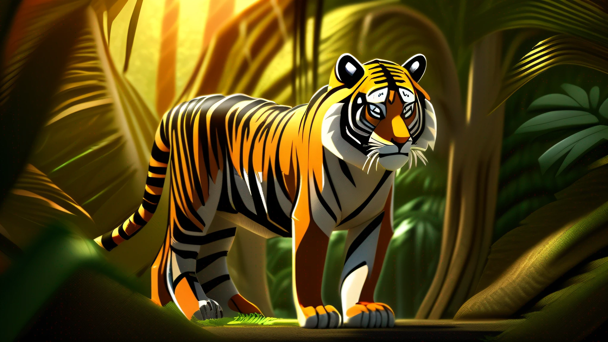 A majestic tiger with orange fur and black stripes stands amidst a lush tropical landscape. Its muscular body displays power and agility. Its golden eyes gleam with intensity, revealing a serene yet alert expression. Sharp claws are partially exposed, a testament to its formidable hunting prowess. Sunlight filters through the leaves of the dense vegetation, creating a play of shadows and accentuating its wild beauty. The flawless coat showcases the tiger's unique stripe pattern, seamlessly blending with its powerful presence. In this portrait of the animal kingdom, the tiger personifies fierce elegance and unparalleled strength, reminding us of the importance of preserving these magnificent creatures and the ecosystems they inhabit.