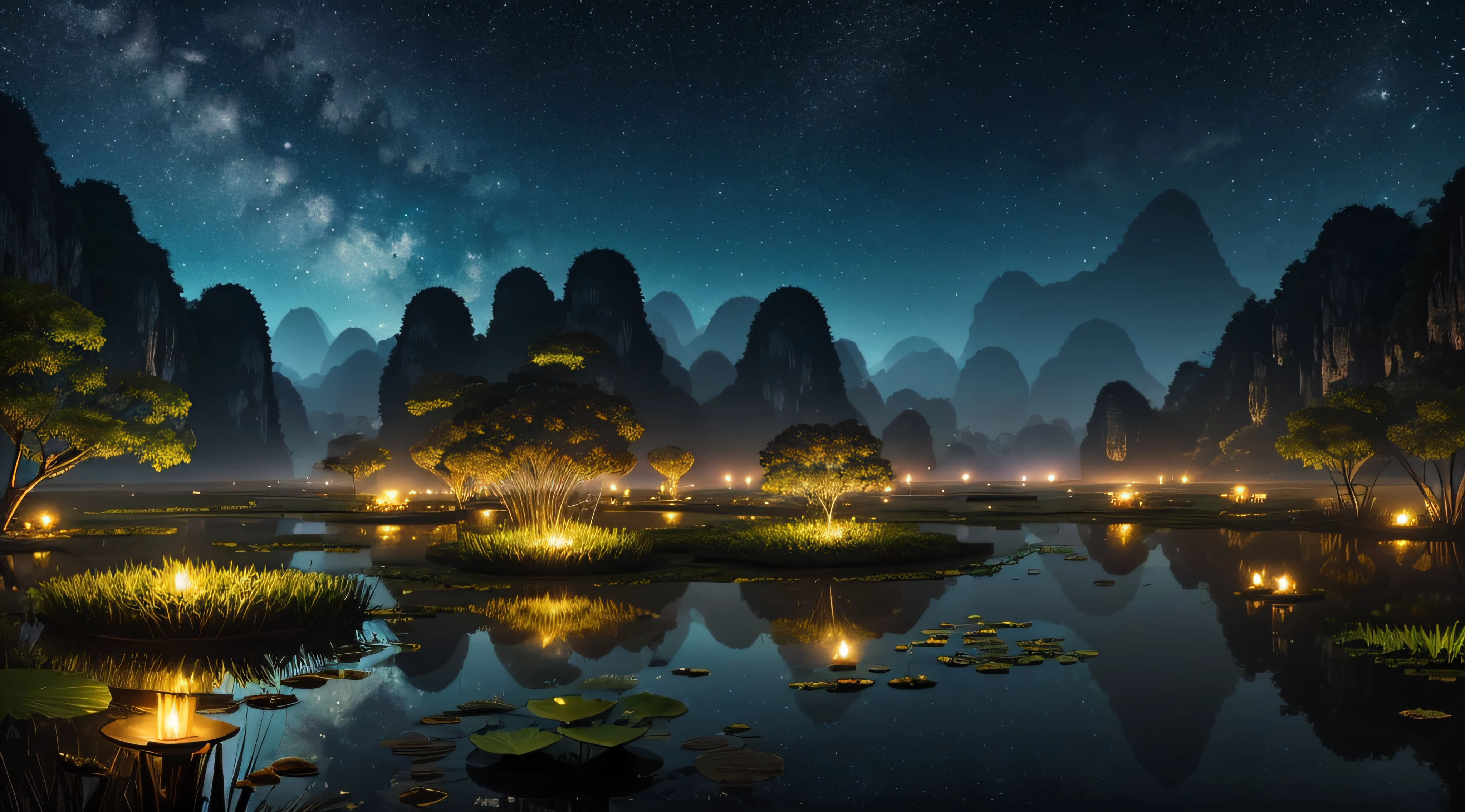 pond filed with lotus flowers, bamboo flame torches on the pondside, boats, Ninh Binh landscape, Vietnam, Tam Coc, Bich Dong, karst topography, centered, symmetry, painted, intricate, volumetric lighting, beautiful, rich deep colors masterpiece, sharp focus, ultra-detailed, in the style of dan mumford and marc simonetti, astrophotography, bright moonlight. --auto
