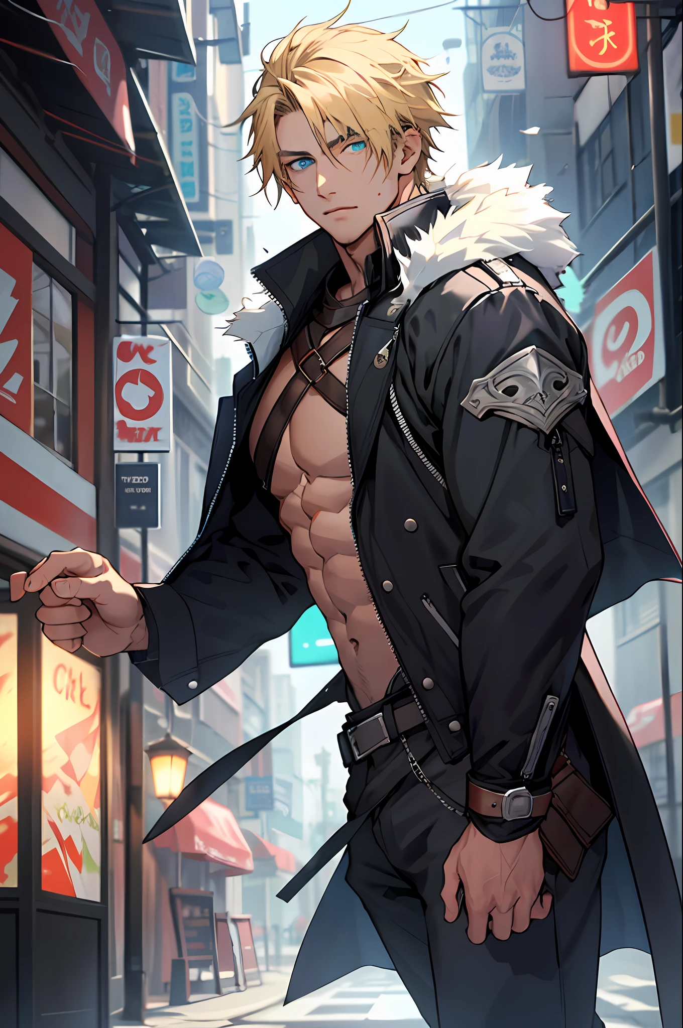 1boy, ((masterpiece)),blonde_hair, (aqua_eyes),(blue_eyes), hair_between_eyes, blurry foreground,bound,bruise,breastplate,(fur_trim),blue cloak,(((solo))),(muscular male), (huge wood), cum, flipped hair,long sleeves,looking at viewer,male focus,mouth hold,navel,(open clothes), unzipped pants, solo,(standing),(Eachcolorblockisclearlydistinguished:1.1),city_lights,lamp,lapels,god rays