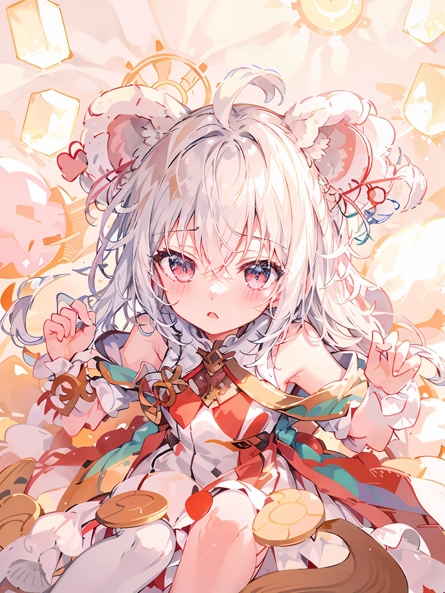 Anime - Style drawing of a girl with a red knot on her ears, small curvaceous loli, Soft anime illustration, Splash art anime Loli, Loli, Gray hair, lovely art style, offcial art, small loli girl, Anime moe art style, Ribbons, zerochan art, and the sun was shining brightly，Light and shadow in detail，Round and large furry ears，One small foot wears white socks，There is a fluffy squirrel tail，There are two long braids，The upper part of the body，Long flowing hair，Slim jade hands，Ambilight