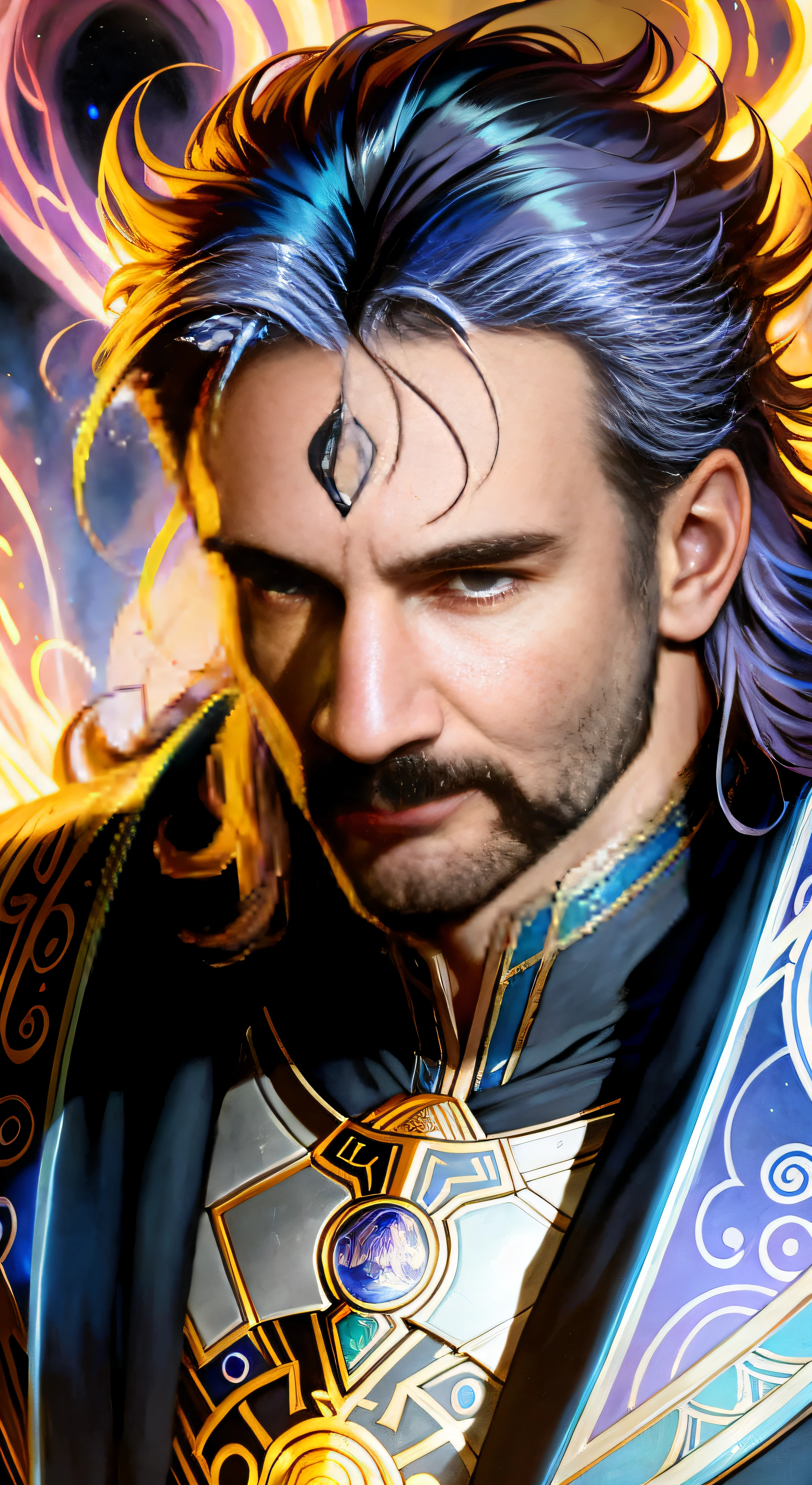 arafed image of a man with a beard and a blue hair, fantasy male portrait, closeup portrait of an mage, gaston bussiere and artgerm, avatar image, portrait of a mage, fantasy character portrait, detailed matte fantasy portrait, fantasy characture portrait, a portrait of a male elf, epic fantasy art portrait, epic rpg portrait