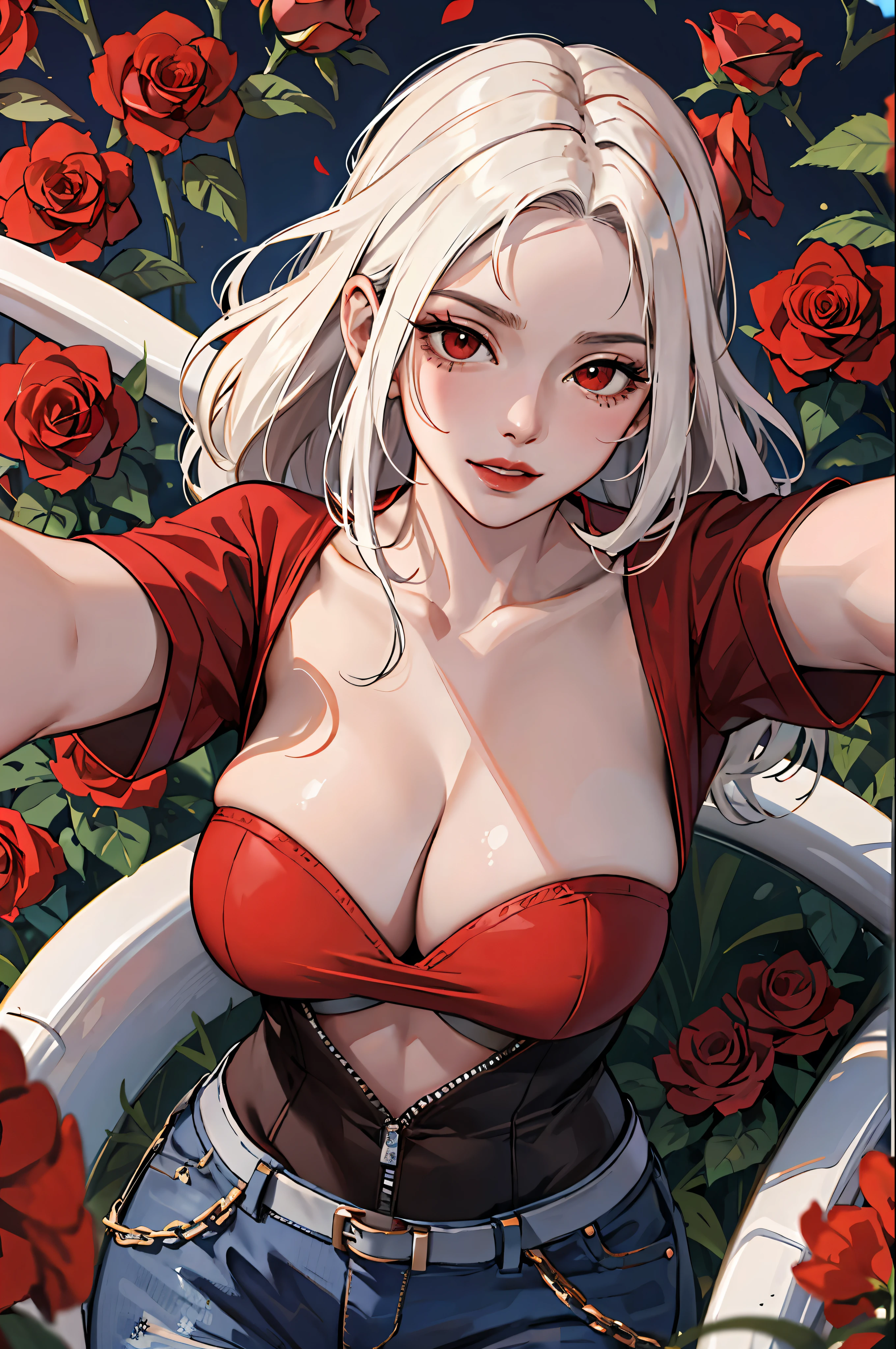 (masterpiece:1.2, best quality), 1milf, open clothes, (red flowers:1.3), white, b hair, red eyes, mature, big tits, sexy, upper body, closeup face, red lips, tube top, press breast, shoot from above, closeup face, red clothes, nsfw, rose cloth, lyin in rose, lyin, rose, two hand selfie, selfie