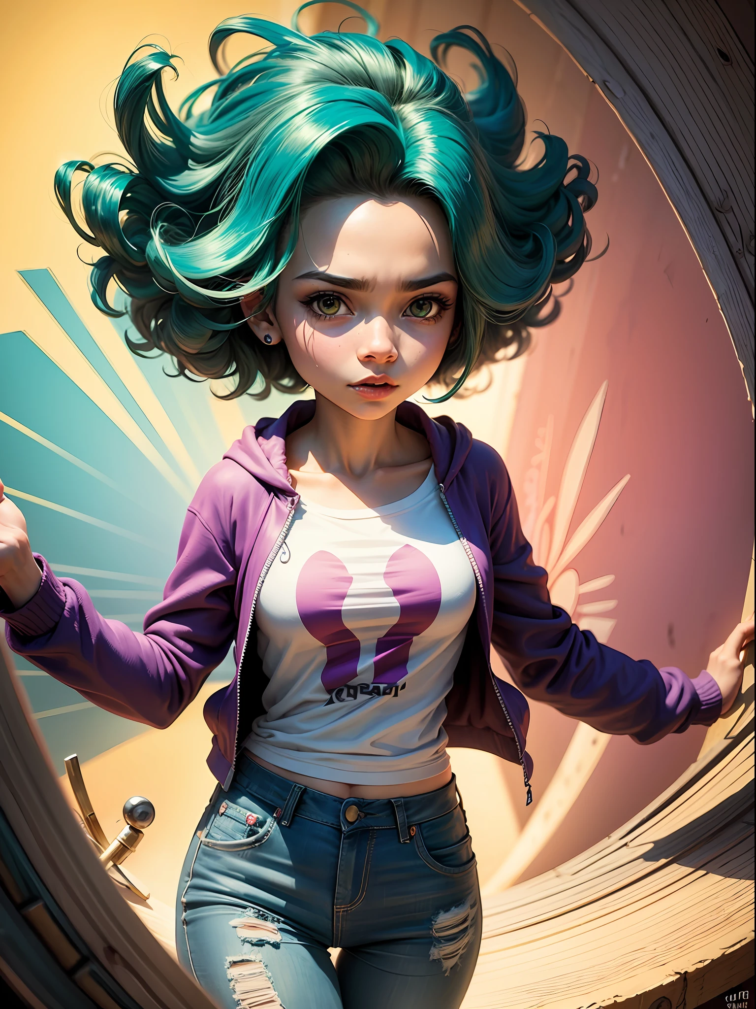 um desenho de uma menina com olhos verdes e uma camisa roxa, Estilo Steven Universe, cartunesco bonito, cabelos pretos e olhos grandes, Resinas, personagem bonito dos desenhos animados, arte gibi, arte fofa, in cartoon animation style, arte de alta qualidade, estilo gibi, estilo de arte bonito, Steven Universo --auto