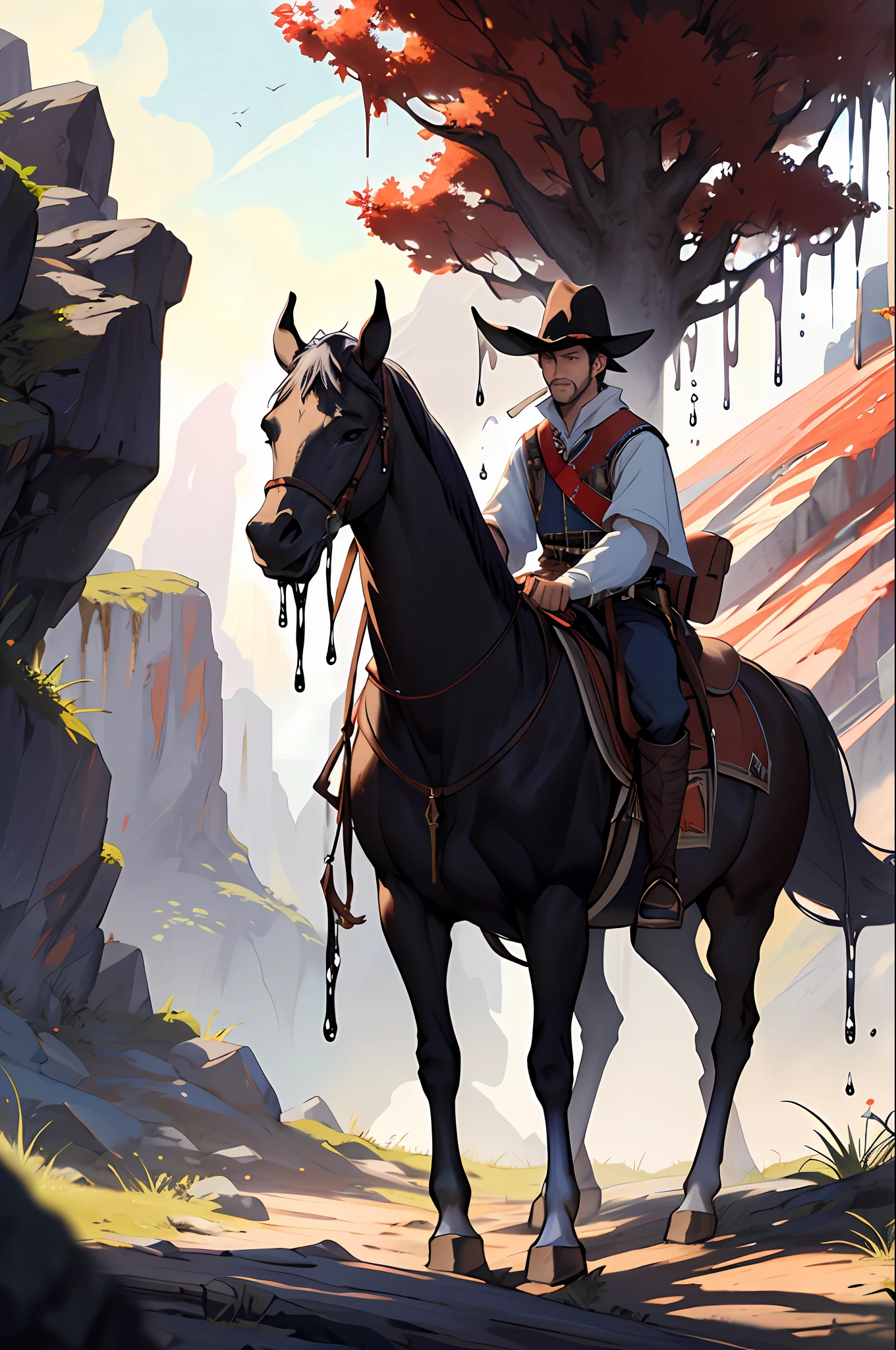 (in dripping art style) Scritchnose, The Potentate first mounted up on guar steeds in 2E 27 under the Red Mountain's shadow, but they trained guar calves to the saddle just outside Mournhold. One barded calf demanded nose-pats from me when I visited—I couldn't resist, Masterpiece, Best Quality,