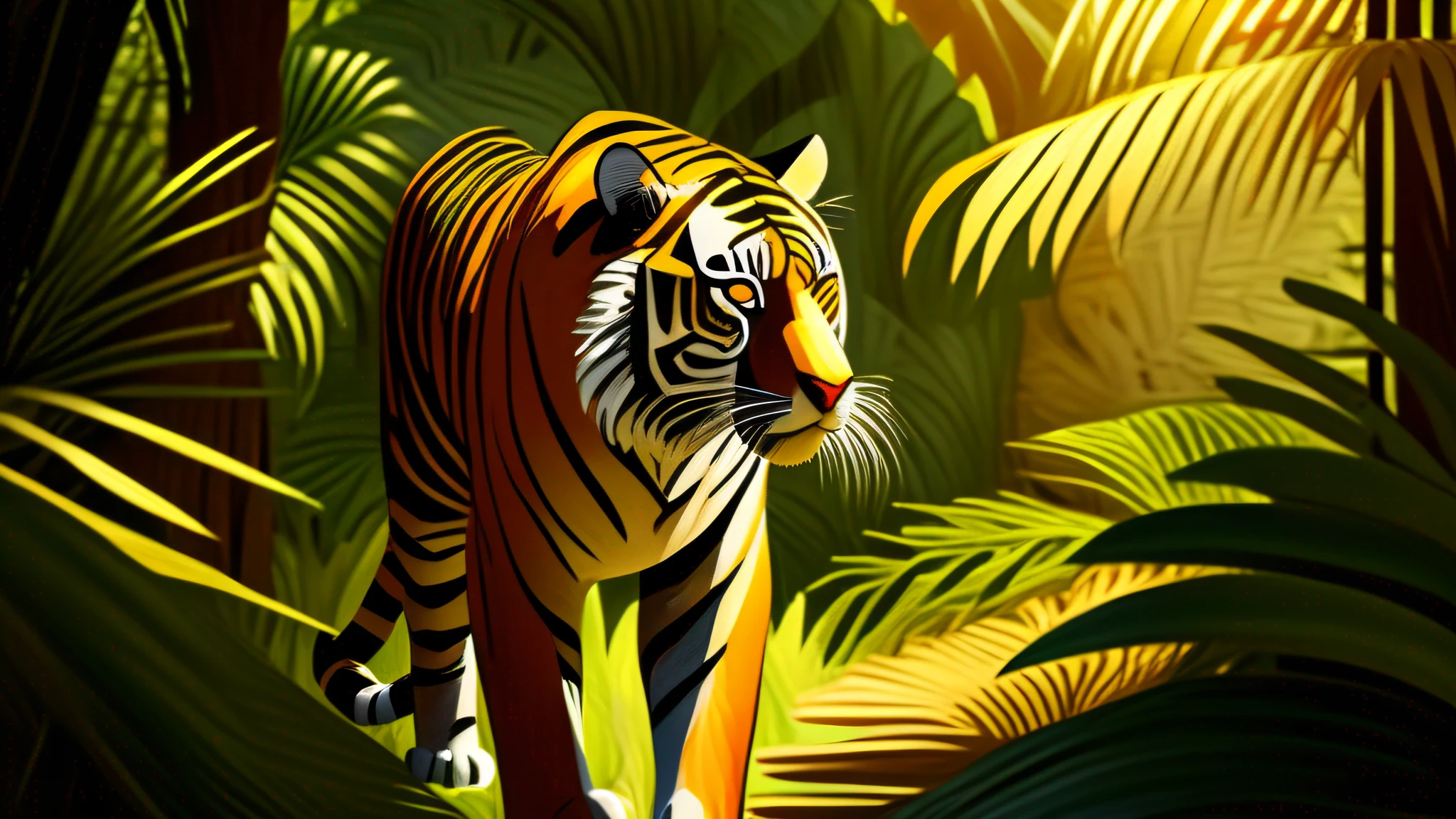 A majestic tiger with orange fur and black stripes stands amidst a lush tropical landscape. Its muscular body displays power and agility. Its golden eyes gleam with intensity, revealing a serene yet alert expression. Sharp claws are partially exposed, a testament to its formidable hunting prowess. Sunlight filters through the leaves of the dense vegetation, creating a play of shadows and accentuating its wild beauty. The flawless coat showcases the tiger's unique stripe pattern, seamlessly blending with its powerful presence. In this portrait of the animal kingdom, the tiger personifies fierce elegance and unparalleled strength, reminding us of the importance of preserving these magnificent creatures and the ecosystems they inhabit.