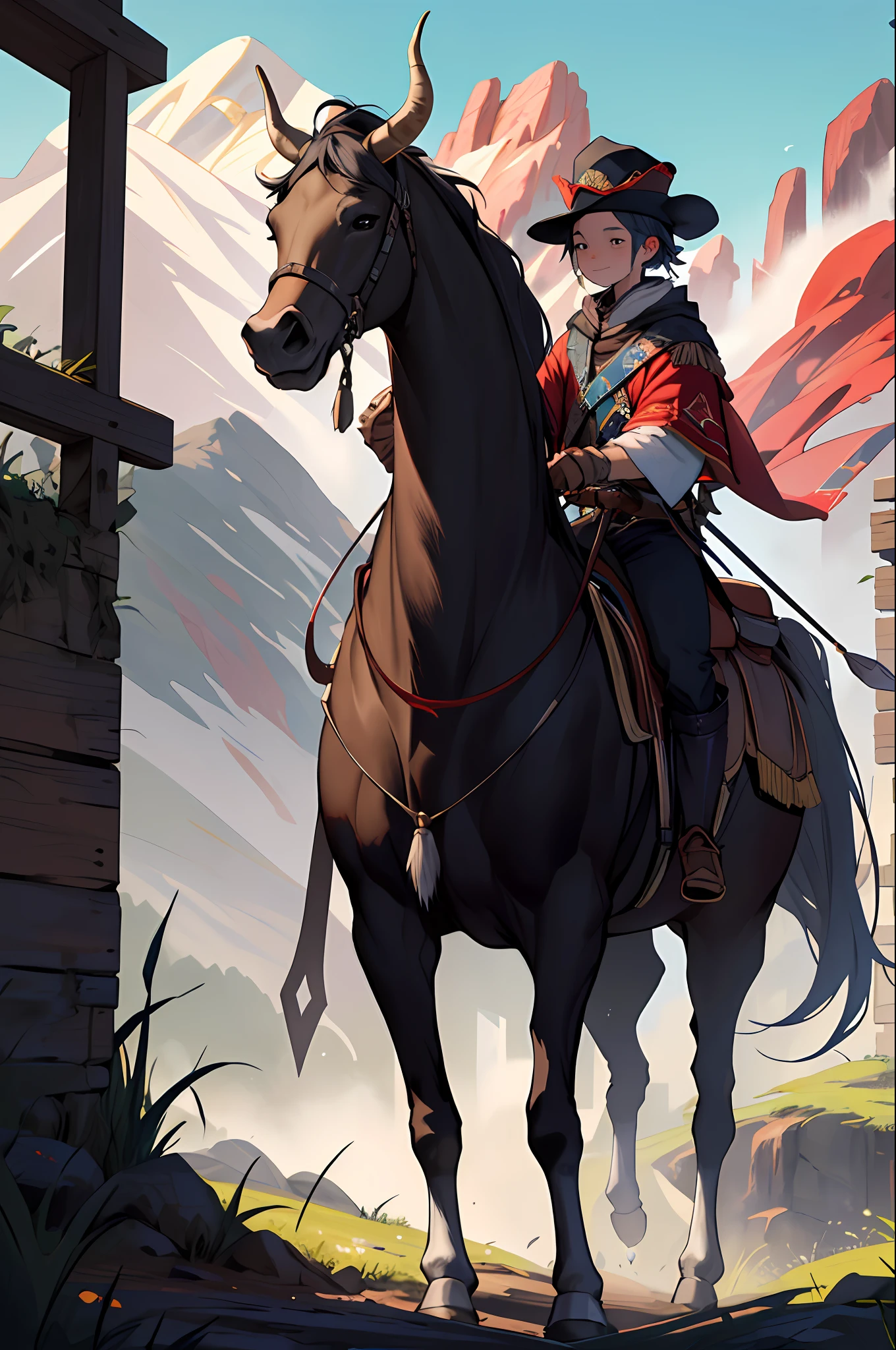 (in dripping art style) Scritchnose, The Potentate first mounted up on guar steeds in 2E 27 under the Red Mountain's shadow, but they trained guar calves to the saddle just outside Mournhold. One barded calf demanded nose-pats from me when I visited—I couldn't resist, Masterpiece, Best Quality,