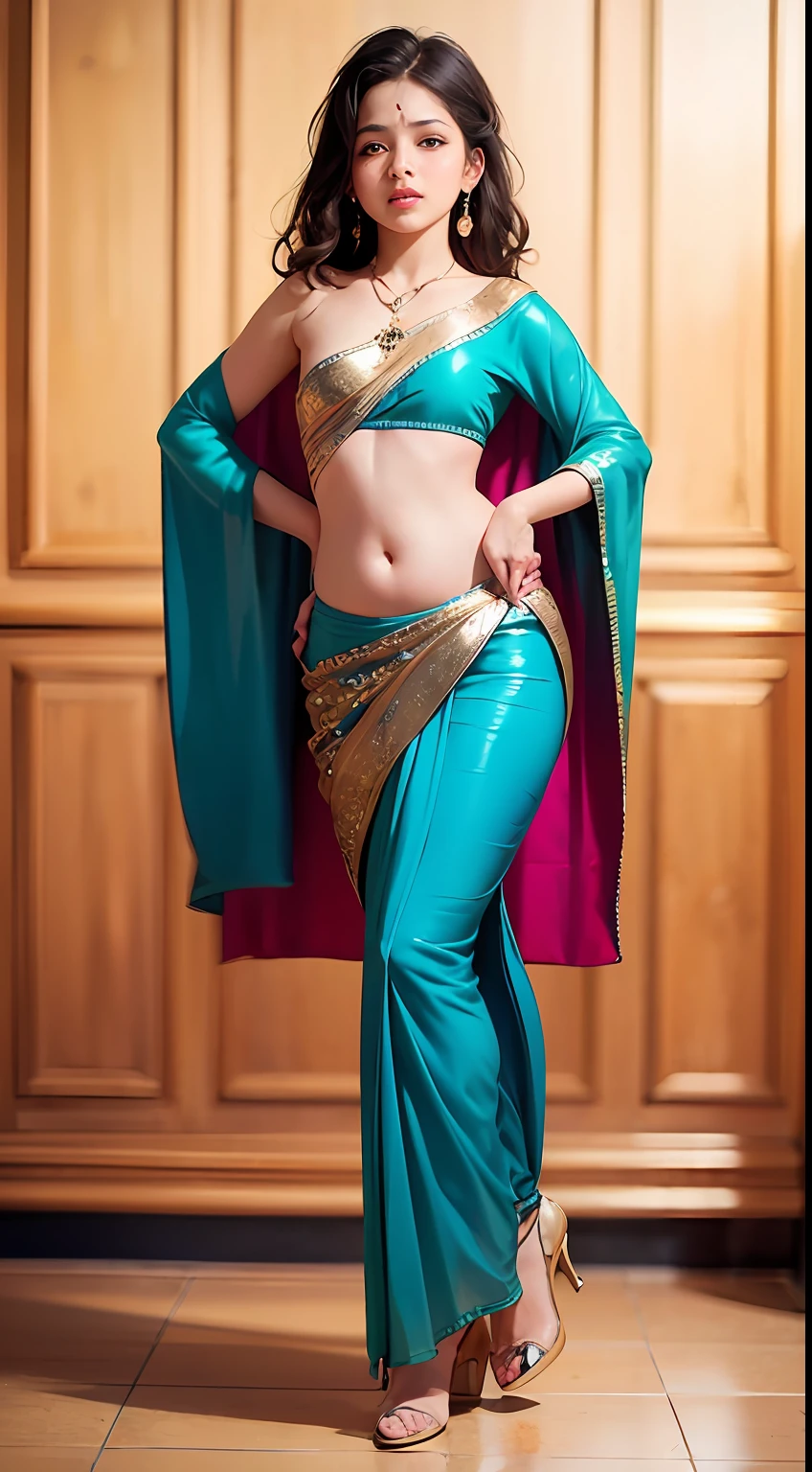 perfect face (8 years old) in saree wlop perfect body exposed midriff highleg loli flat chest curvy indian armpits bellydancer 8k chubby high res knees ankles , royal skimpy underwear, cleavage (oily skin:1.4) depth of field (chubby:1.2) bokeh, small breast (best quality), (masterpiece) (high heels) (council:1.6) (full body shot:1.7) red theme