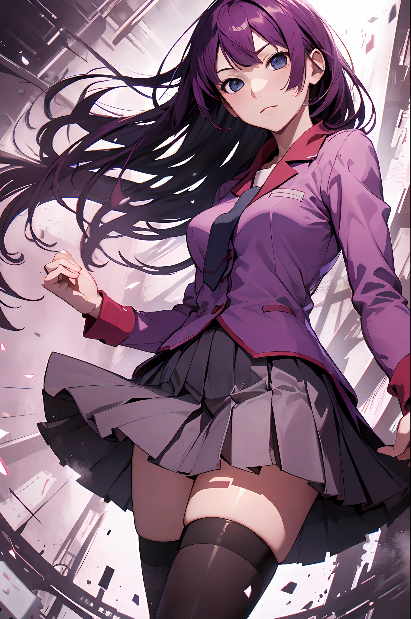 masterpiece, best quality, highres, sh1, senjougahara hitagi, long hair, long sleeves, necktie, school uniform, pleated skirt, juliet sleeves, black thighhighs, pink shirt,  cowboy shot,