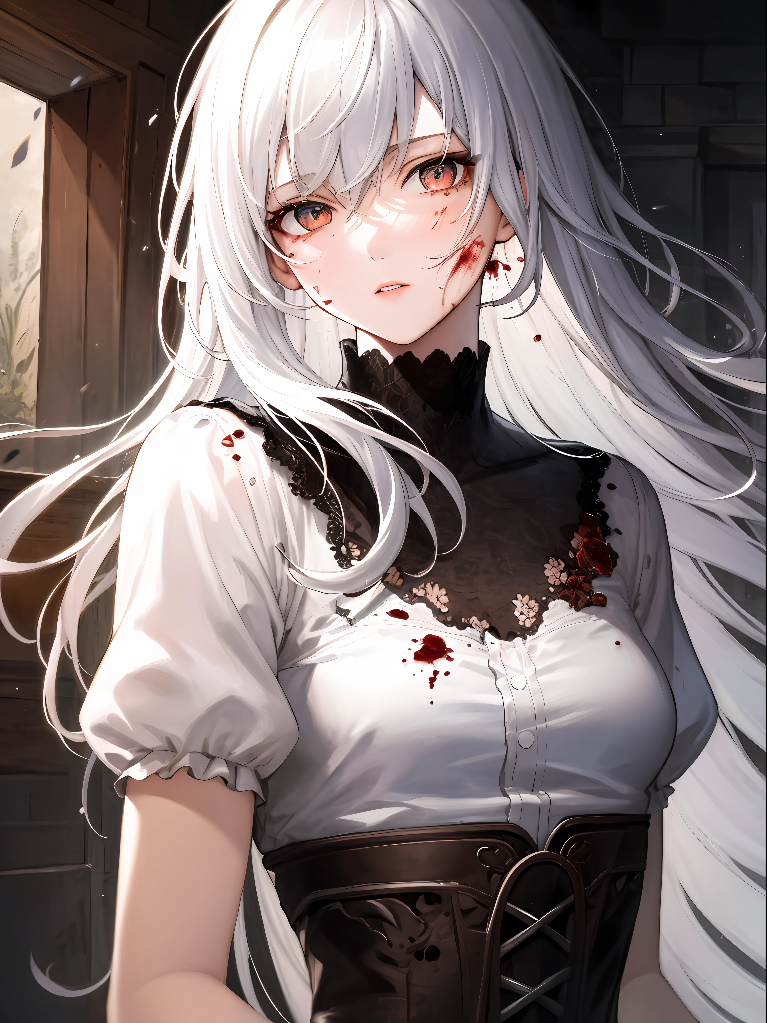 best quality, masterpiece, super high resolution, (reality:1.5), art, original photo, dynamic lighting, high resolution, sharp focus, depth of field,1girl, medium, masterpiece, best quality, super detailed, illustration, white hair and super detailed face, high quality face, upper body, fighting, bleeding, tattered clothes,