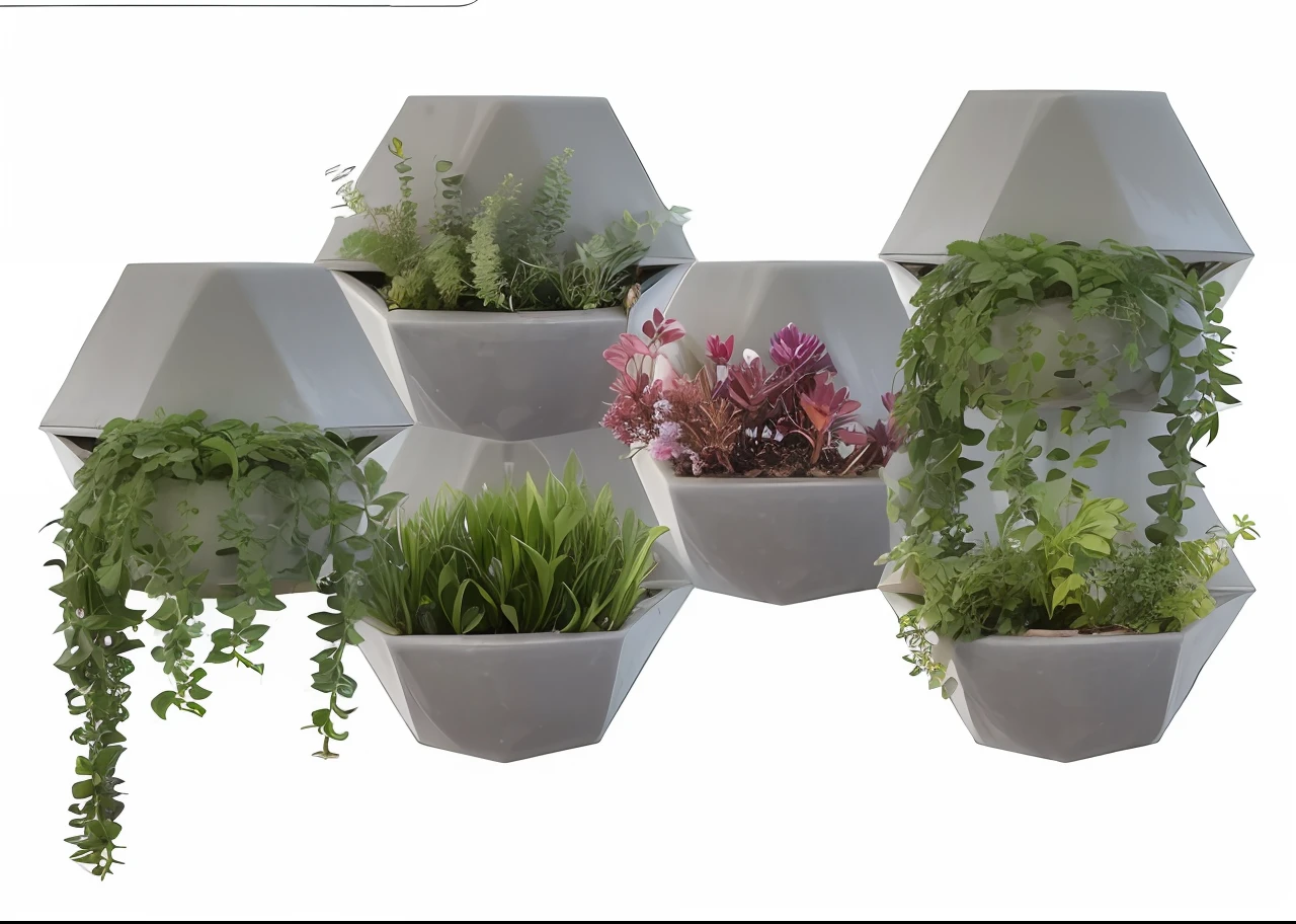 um close up de um grupo de plantadores com plantas neles, parede hexagonal, plantas em vasos e nas paredes, forma hexagonal, Plantadores, Hexagons, vasos com plantas, Geometrical, but organic, cheio de plantas, estilo de arte concreta, cheio de plantas e habitats, Jardins verticais, hexagonal, pedras hexagonais
