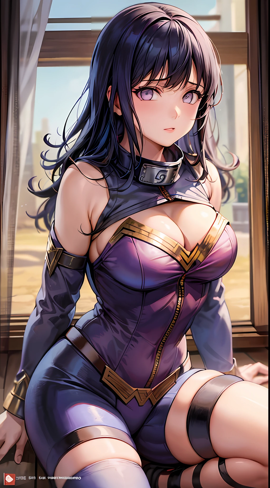 Obra maestra, highres, alta calidad, cara detallada, render corporal detallado, 1girl, solo, hyuuga hinata, hinata-sleeve-outfit, haciendo cosplay de Wonder Woman, pechos grandes, pecho grande, camisa sin mangas, top de rejilla, labios oscuros, chaqueta sin cremallera, sin sujetador, pechos fuera, nipslip, de pie, rubores, (en el dormitorio)