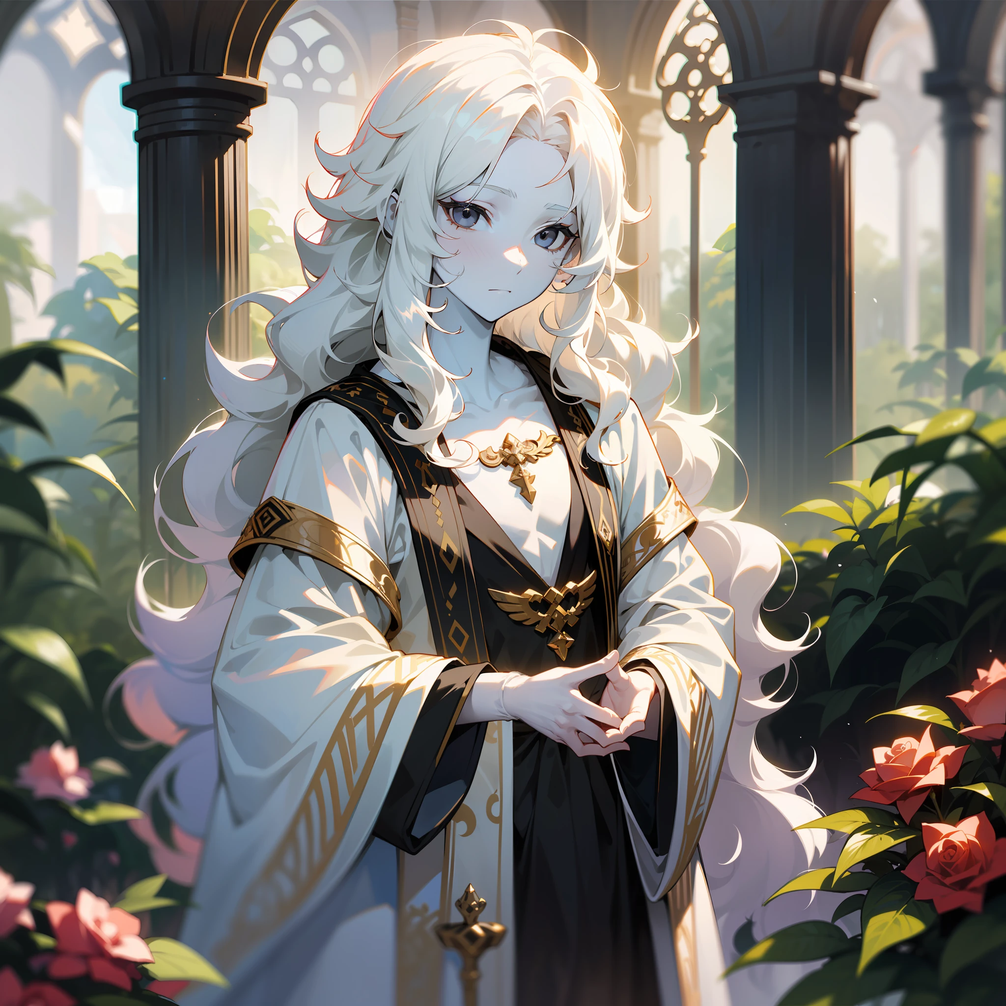 young man, (((one person))), single, solo, (((male))),(slim body), (flat chest), (((white colored skin))), (porcelain skin), ((marble skin)), (((white-skinned))), (((black colored eyes))), ((black eyes)), (((white colored hair))), ((white hair)), ((long hair)), (((poofy hair))), (fluffy hair), ((wavy hair)), (((fantasy style))), (wearing fantasy robe), flowy robe, long robe, coverd up, christian inspired, priest, ((fantasy patterns on clothes)), ((magical patterns)), warm light, rose bushes, fantasy temple in the background