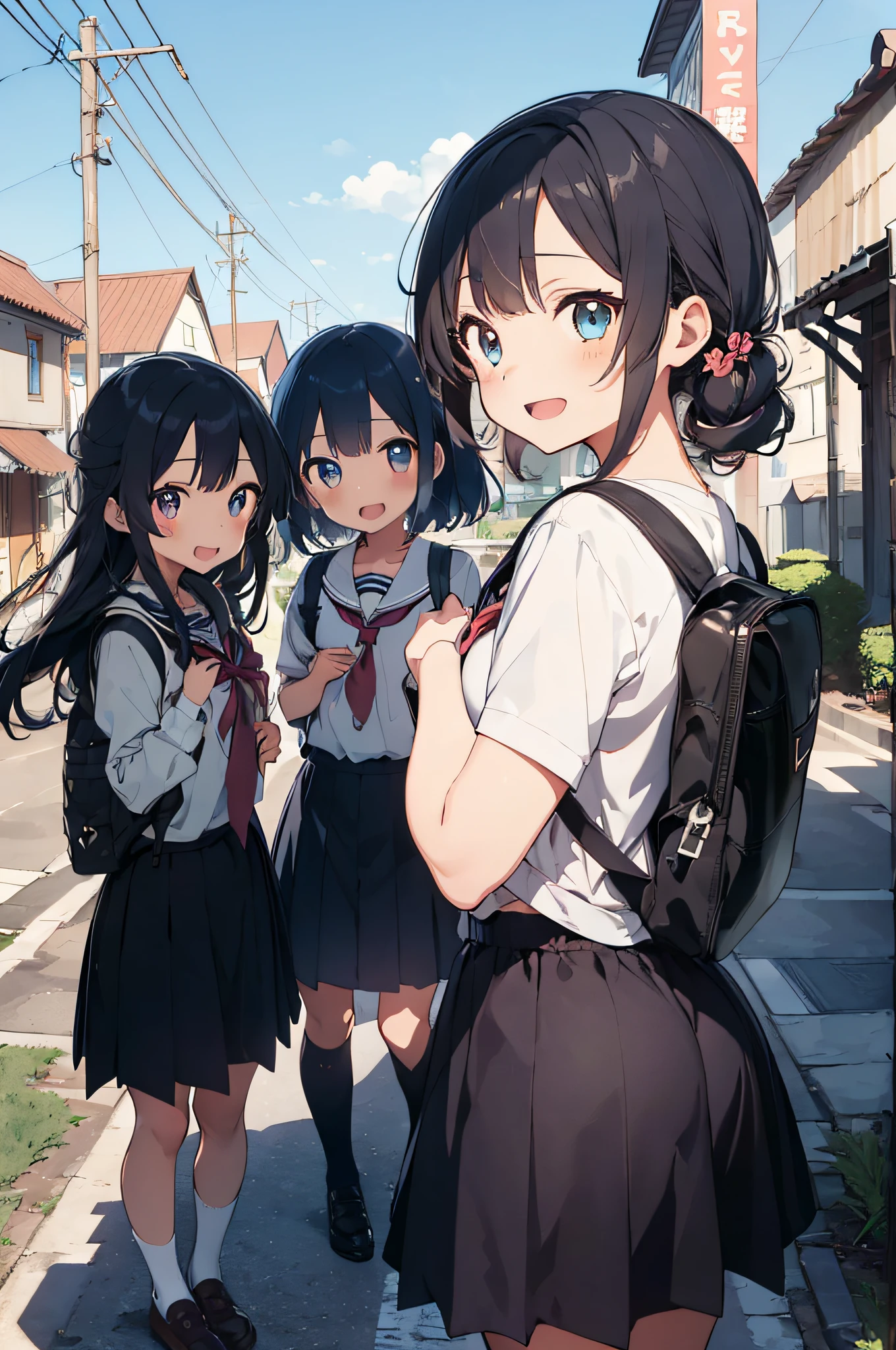 masterpiece, best quality, ultra-detailed,(****),sel anime, ,anime moe art style,animated style illustration, (beautiful eyes), ((cute)), cute, (lovely),, , shiny skin, ,ultra high res, 
(((3 girls))),full body,,smile,open mouth,school girls,back view,town,outdoor,backpack,profile