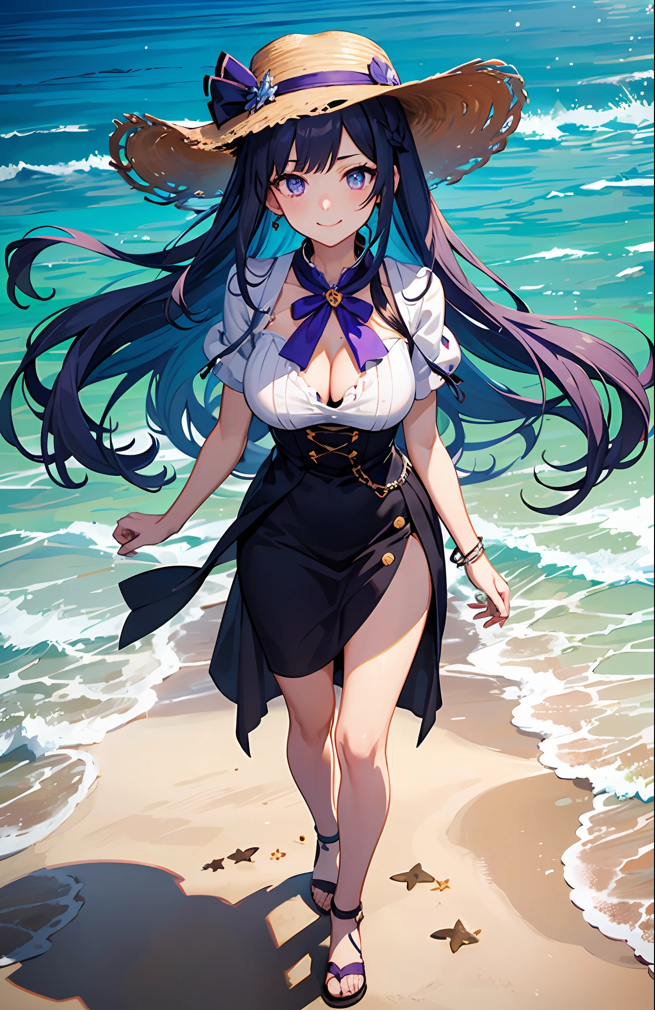 ((masutepiece)), ((Best Quality)), (Ultra-detailed), ((kawaii)), Cute, (lovely), ((Extremely detailed)), 4K, (8K), Best Quality, (Beautiful), Anime style, Full body, Walking, look down from above, Colorful, full body focus, ocean, Beach, Beautiful sky, morning,  s, 1girl in, Solo, Miniskirt, Beautiful blue hair, Beautiful purple eyes, ((Beautiful eyes)), White-skinned, Long hair, Transparent hair, translucent hair, large full breasts, a straw fedora hat, Smile, Lens Flare, Wind-effect, reflection effect