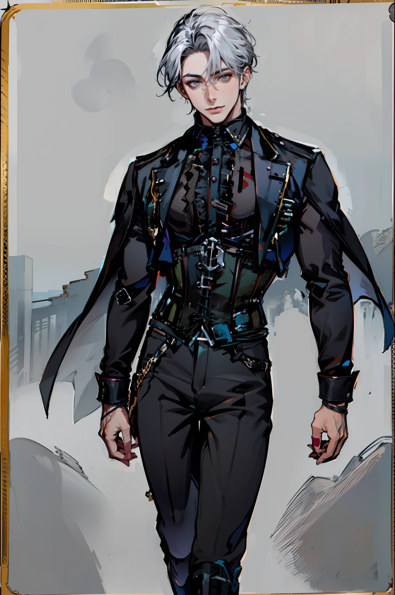 (absurdres, highres, ultra detailed), 1man, 30 years old man, adult man, handsome, tall,, finely detailed eyes and detailed face, leather pants, (((open chest))), (((underbust corset))), night, smile, dutch angle, ((long hair, white hair)), gold details, gothic, vampire, vampire prince, dark, simple clothes, looking at the view, tan skin, detailed eyes, (masculine), sexy, elegant, long bangs, detailed hands, (((gray eyes))), corset, flirt,