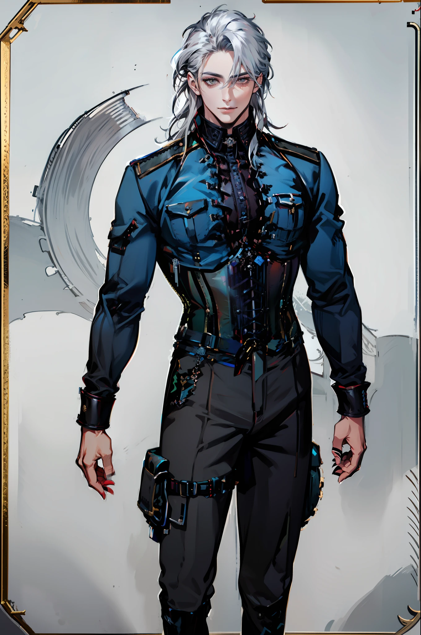 (absurdres, highres, ultra detailed), 1man, 30 years old man, adult man, handsome, tall,, finely detailed eyes and detailed face, leather pants, (((open chest))), (((underbust corset))), night, smile, dutch angle, ((long hair, white hair)), gold details, gothic, vampire, vampire prince, dark, simple clothes, looking at the view, tan skin, detailed eyes, (masculine), sexy, elegant, long bangs, detailed hands, (((gray eyes))), corset, flirt,