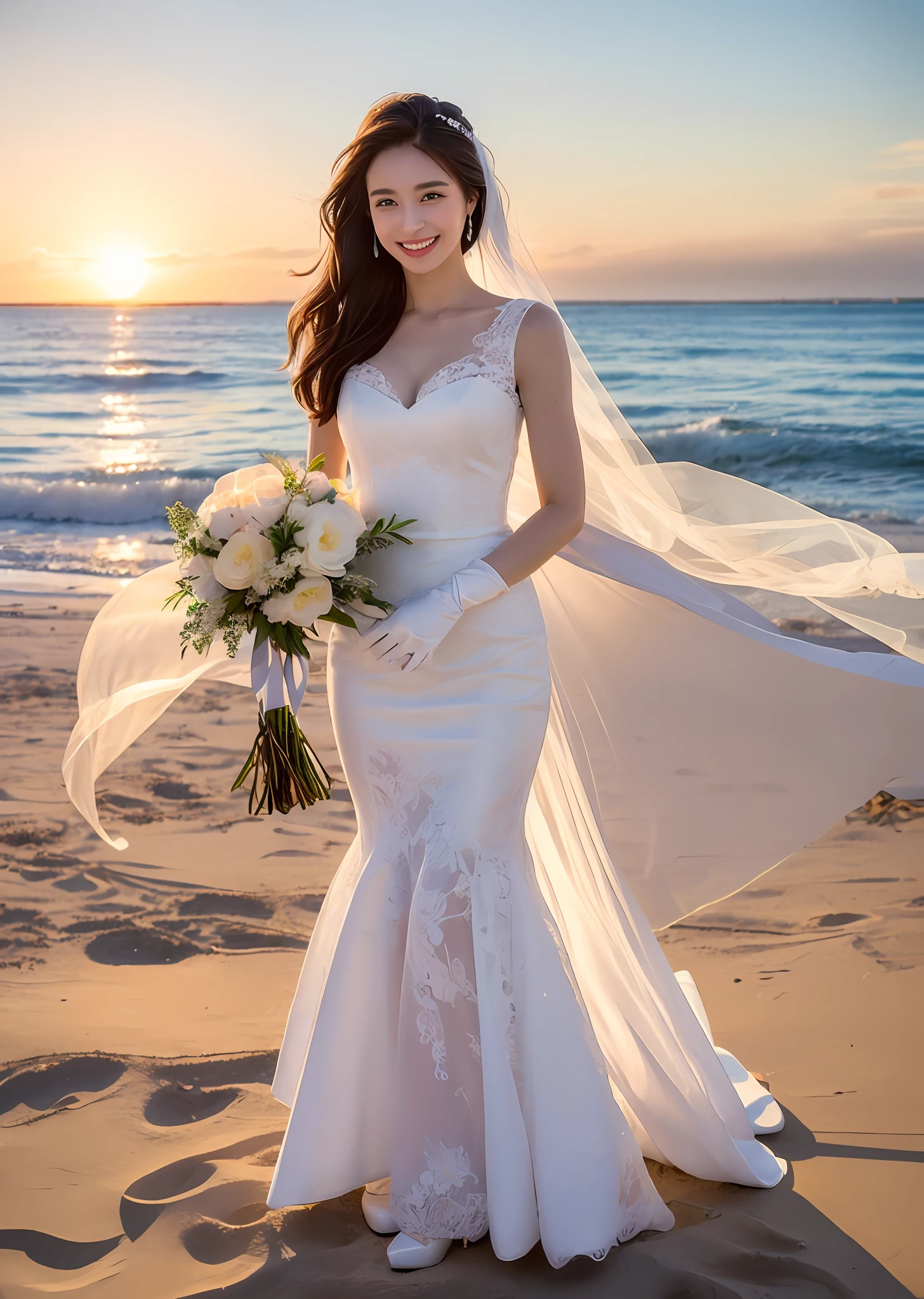 ((top-quality、​masterpiece:1.3)), fullllbody, long legged, foco nítido:1.2, Cute woman with perfect body shape smiling face:1.4, Slender Abs:1.1, ((dark brown  hair、hugetits:1.2)), (White gorgeous lace long wedding dress、bouquet:1.4、White veil:1.4、White ultra-thin long gloves、White high heels、holding the bouquet with both hands、Standing alone), ((Beach at sunset:1.3)), Highly detailed facial and skin texture, A detailed eye, 二重まぶた、hugetits