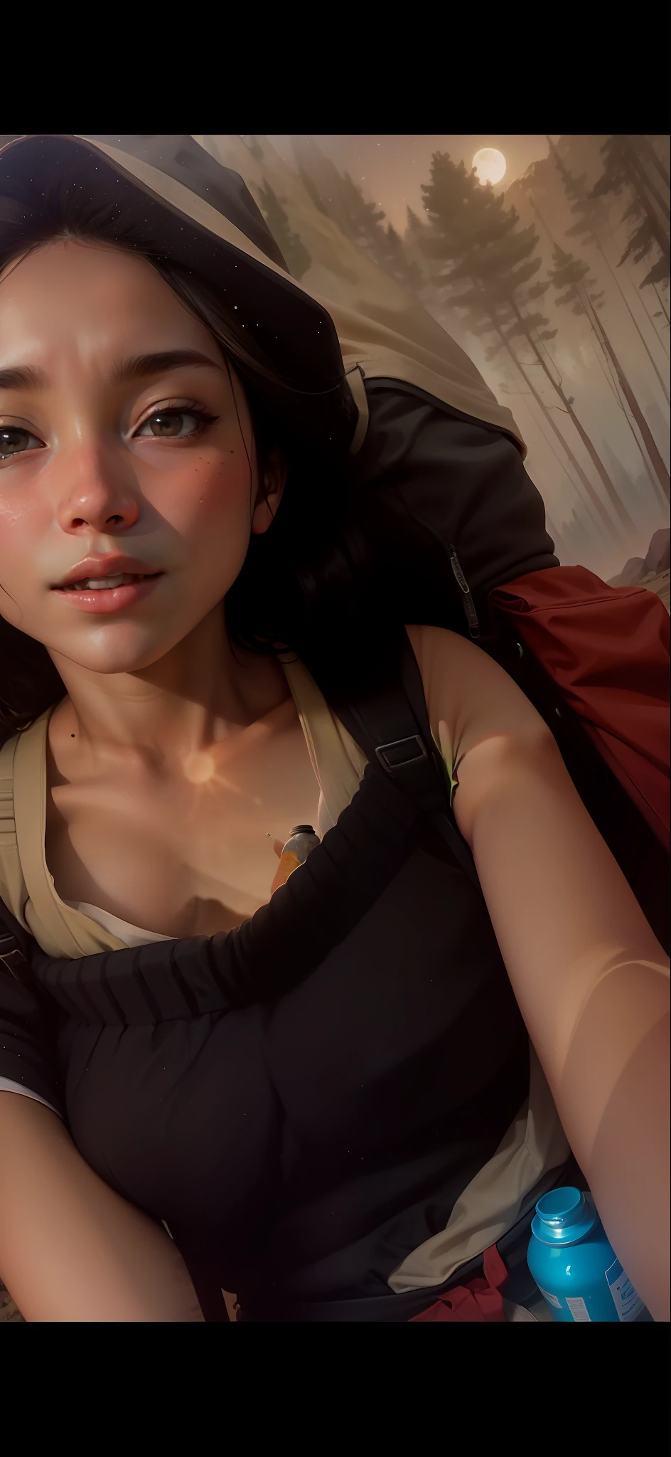 VeronicaCipher ((upper body selfie, happy)), masterpiece, best quality, ultra-detailed, solo, outdoor, (night), mountains, nature, (stars, moon) cheerful, happy, backpack, sleeping bag, camping stove, bottle water, mountain boots, gloves, sweater, hat, lantern, forest, rocks, river, wood, smoke, shadows, contrast, clear sky, style (warm hue, warm tone): 1.2), close-up, cinematic light, side lighting, ultra high resolution, best shadow, RAW, upper body, wearing pullover kodak vision 3,