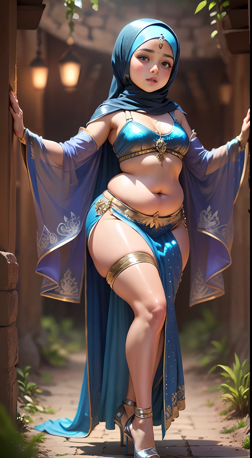 (8 years old:1.7), (arabian girl:1.2) perfect face, (chubby:1.4) child in (saree) perfect full HDR body exposed midriff highleg loli flat chest curvy indian armpits bellydancer 8k high res knees ankles , royal skimpy underwear,  (shiny skin:1.5) (full body shot) (high heels) (armpits:1.3) (outdoor)  (masterpiece, 4k ,ultra detailed:1.2) (hijab:1.2) (dungeon:1.4) she has a jiggly fat round belly (petite:1.4)
