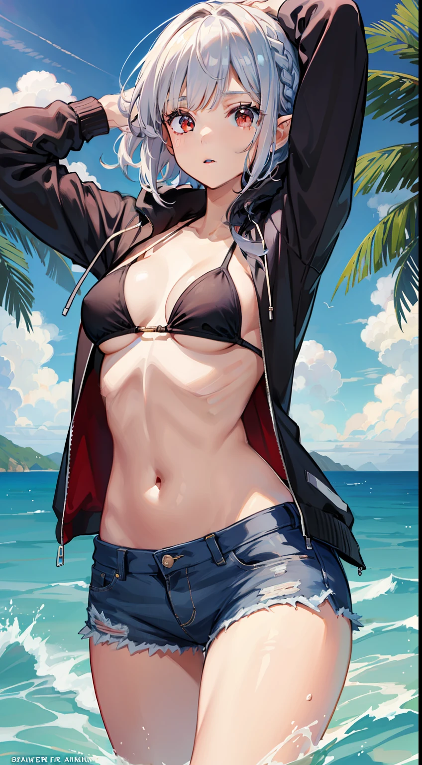 ((Stretching)), ((Raising one arm)), 1 Whole body of a girl, elvish, ((silber hair)), Red Eyes, bob cuts, Braided hair, Fluttering hair, swim wears, The bikini, Denim shorts, Hoodie jacket, sea side, concept-art, beautiful anime scene, Beautiful anime scenery, top-quality, masterpiece