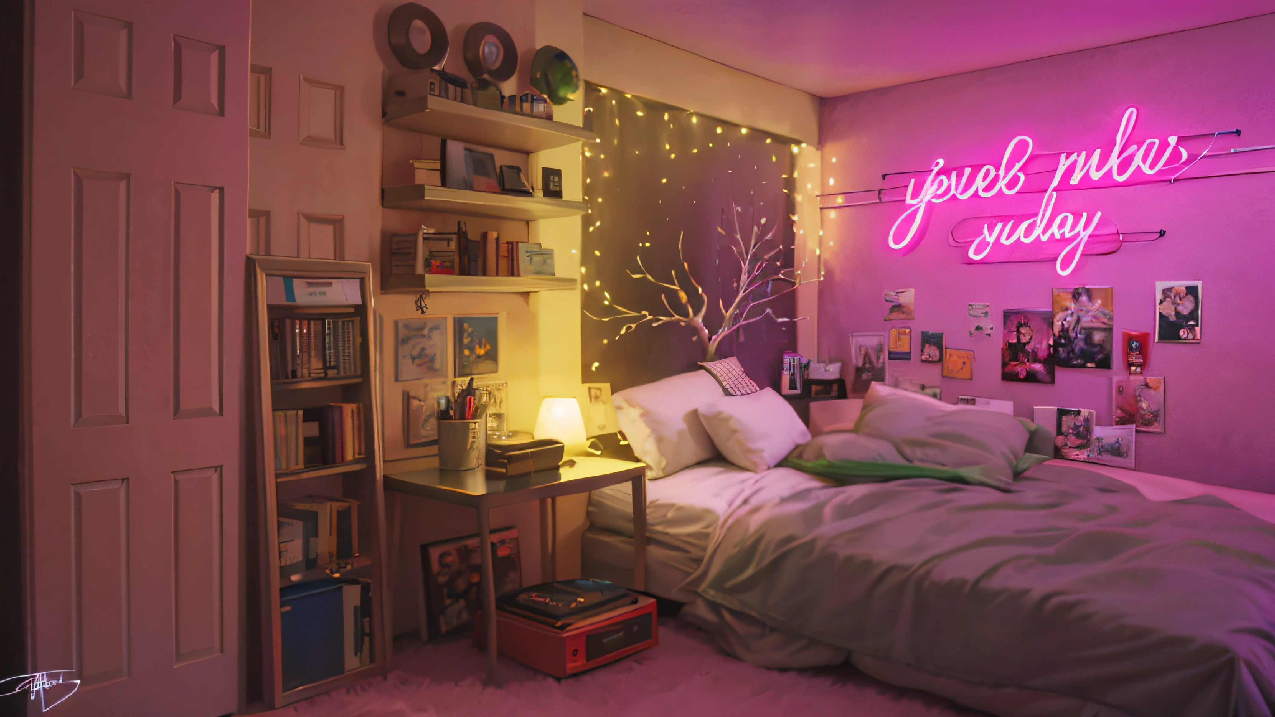 There is a bed with white duvet and a neon sign, quarto adolescente cyberpunk, aconchegante retrofuturismo, Cyberpunk Room at Night, Elogio Artstyle, Quarto Infantil Cyberpunk, soft neon atmosphere, in a cyberpunk themed room, an 80's bedroom, Neon environment, synthwave aesthetic, arte de fundo, decada de 90, anos 90