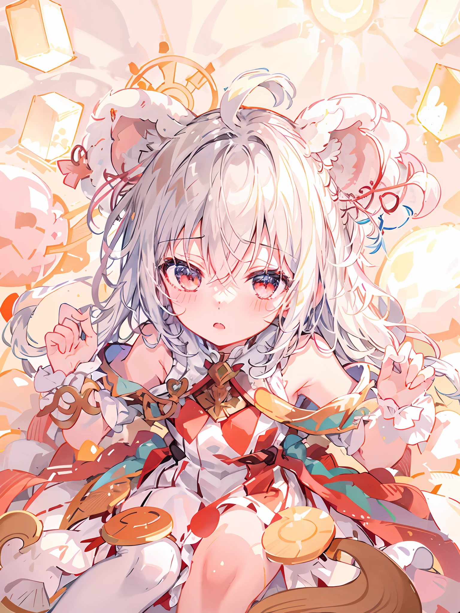 Anime - Style drawing of a girl with a red knot on her ears, small curvaceous loli, Soft anime illustration, Splash art anime Loli, Loli, Gray hair, lovely art style, offcial art, small loli girl, Anime moe art style, Ribbons, zerochan art, and the sun was shining brightly，Light and shadow in detail，Round and large furry ears，One small foot wears white socks，There is a fluffy squirrel tail，There are two long braids，The upper part of the body，Long flowing hair，Slim jade hands，Ambilight