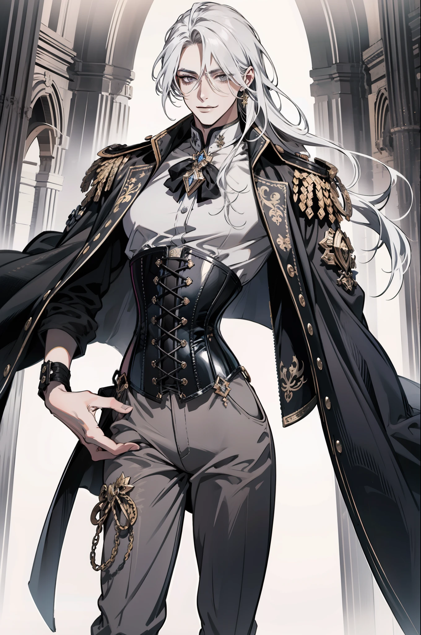 (absurdres, highres, ultra detailed), 1man, 30 years old man, adult man, handsome, tall,, finely detailed eyes and detailed face, leather pants, (((open chest))), (((underbust corset))), night, smile, dutch angle, ((long hair, white hair)), gold details, gothic, vampire, vampire prince, dark, simple clothes, looking at the view, tan skin, detailed eyes, (masculine), sexy, elegant, long bangs, detailed hands, (((gray eyes))), corset, flirt,