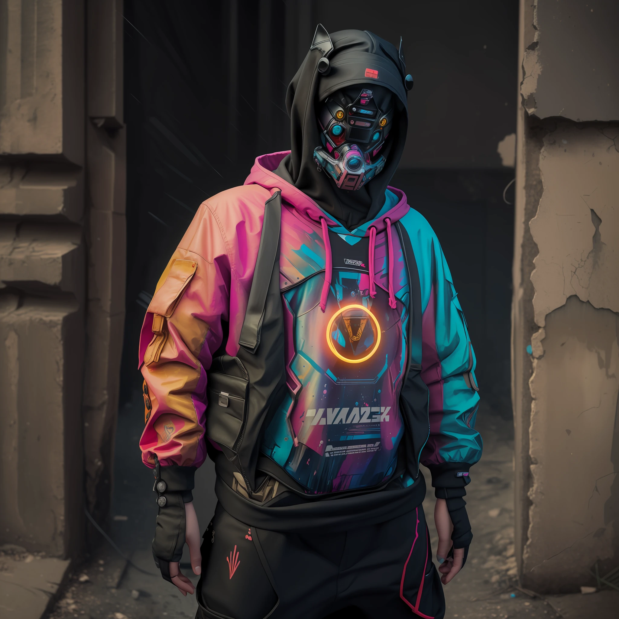 Masterpiece, close-up shot, detailed digital painting: A cyberpunk girl, Alice in Wonderland, wearing a baggy cyberpunk outfit with a black hoodie and cargo pants, standing in front of a wall with "WISEGUY" spray-painted in neon letters. The image should be surreal and haunting, with intricate details on the character and environment. Using tools like ZBrush, Photoshop, and Procreate, the image should be a high-resolution digital painting, featured on ArtStation Trending and DeviantArt Trend.